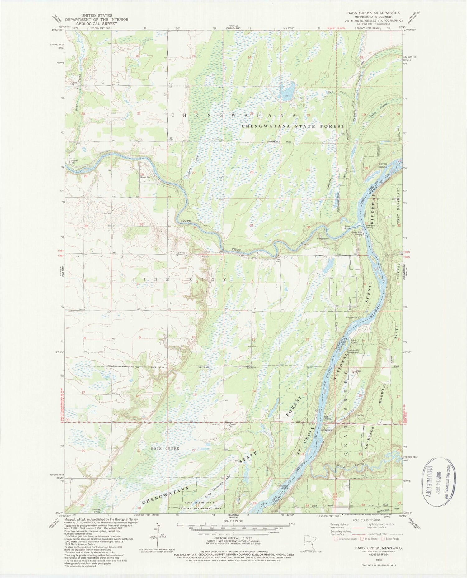 Classic USGS Bass Creek Minnesota 7.5'x7.5' Topo Map Image