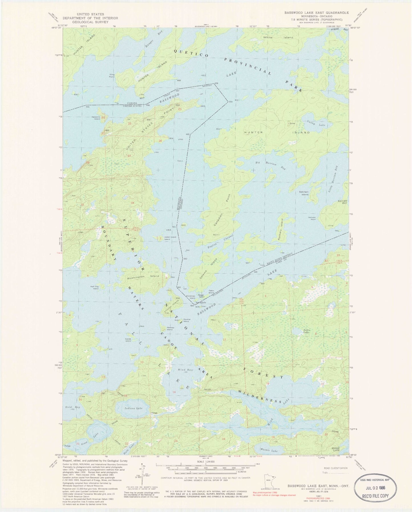 Classic USGS Basswood Lake East Minnesota 7.5'x7.5' Topo Map Image