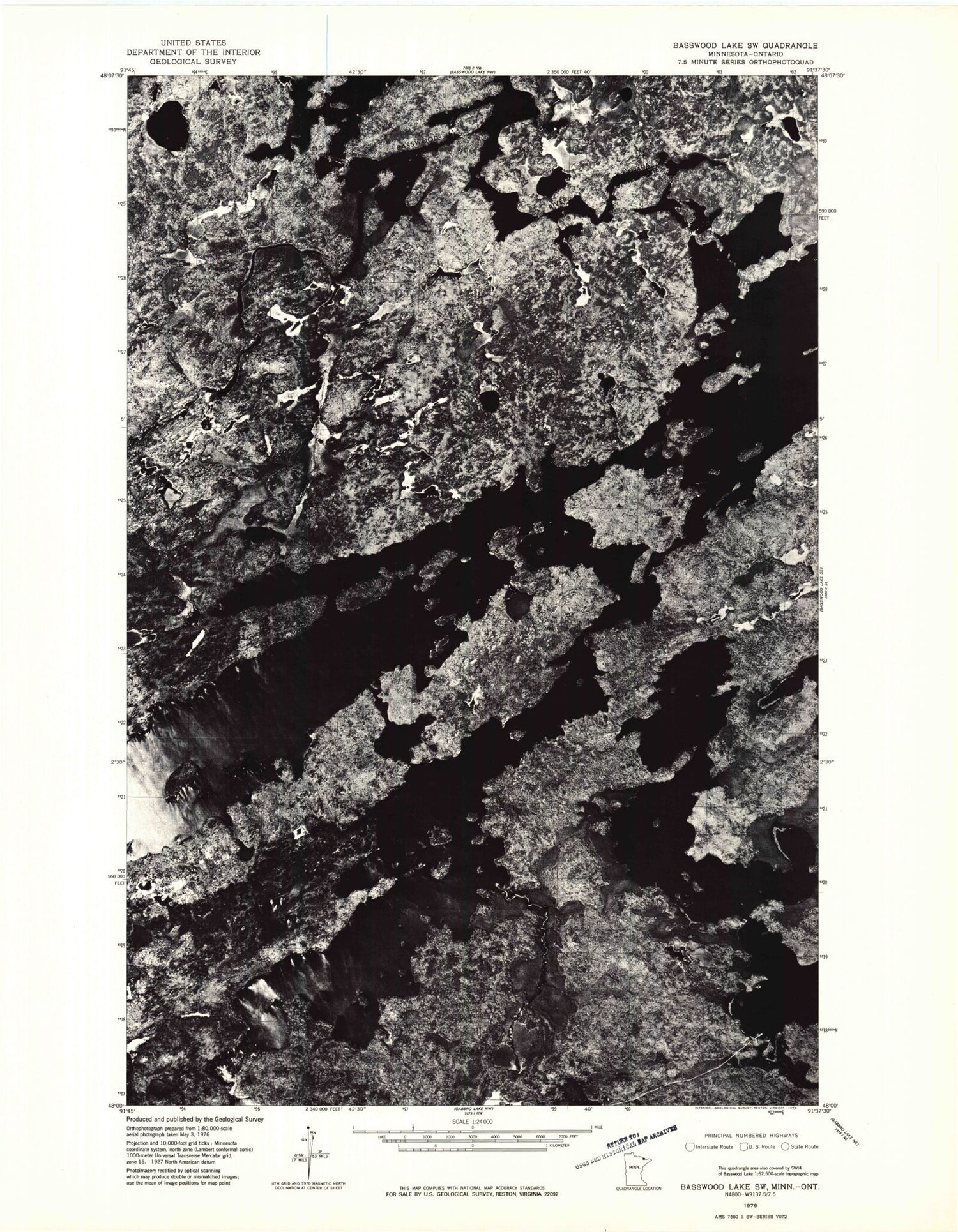Classic USGS Basswood Lake West Minnesota 7.5'x7.5' Topo Map Image