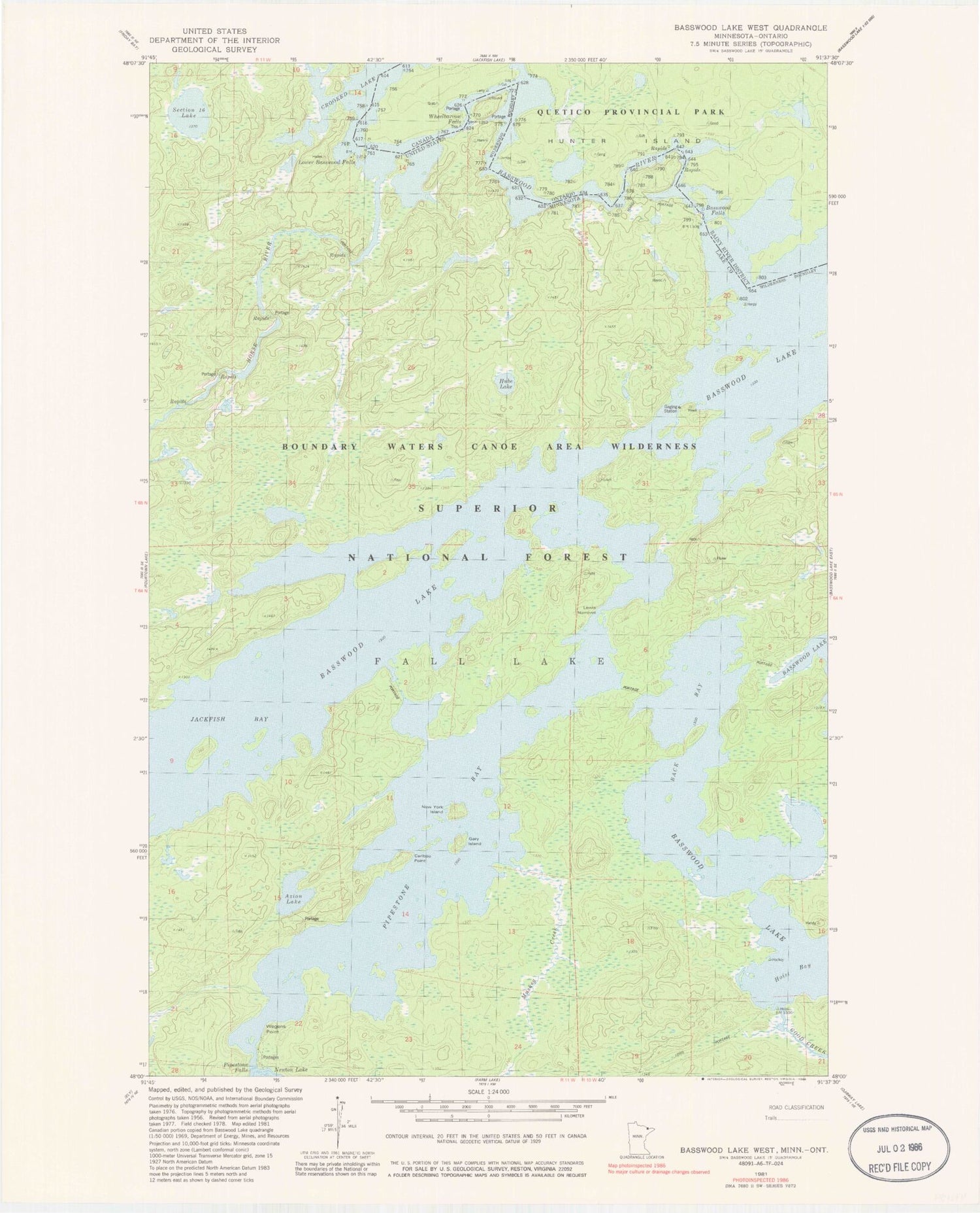 Classic USGS Basswood Lake West Minnesota 7.5'x7.5' Topo Map Image