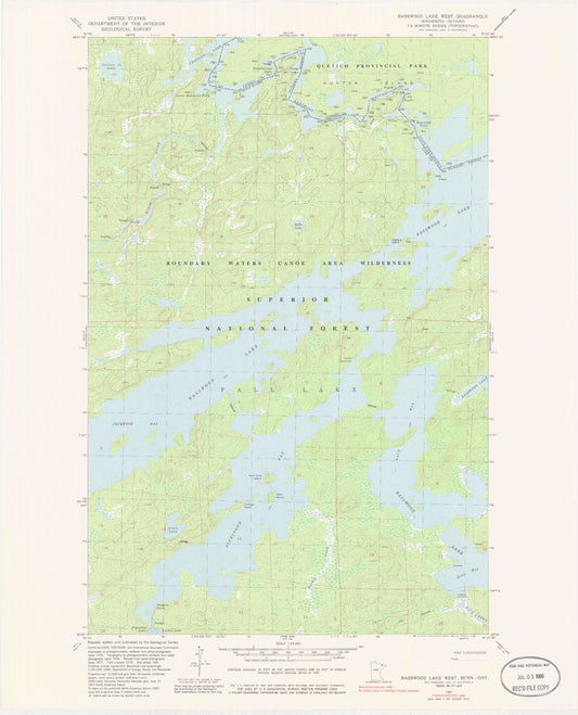 Classic USGS Basswood Lake West Minnesota 7.5'x7.5' Topo Map Image