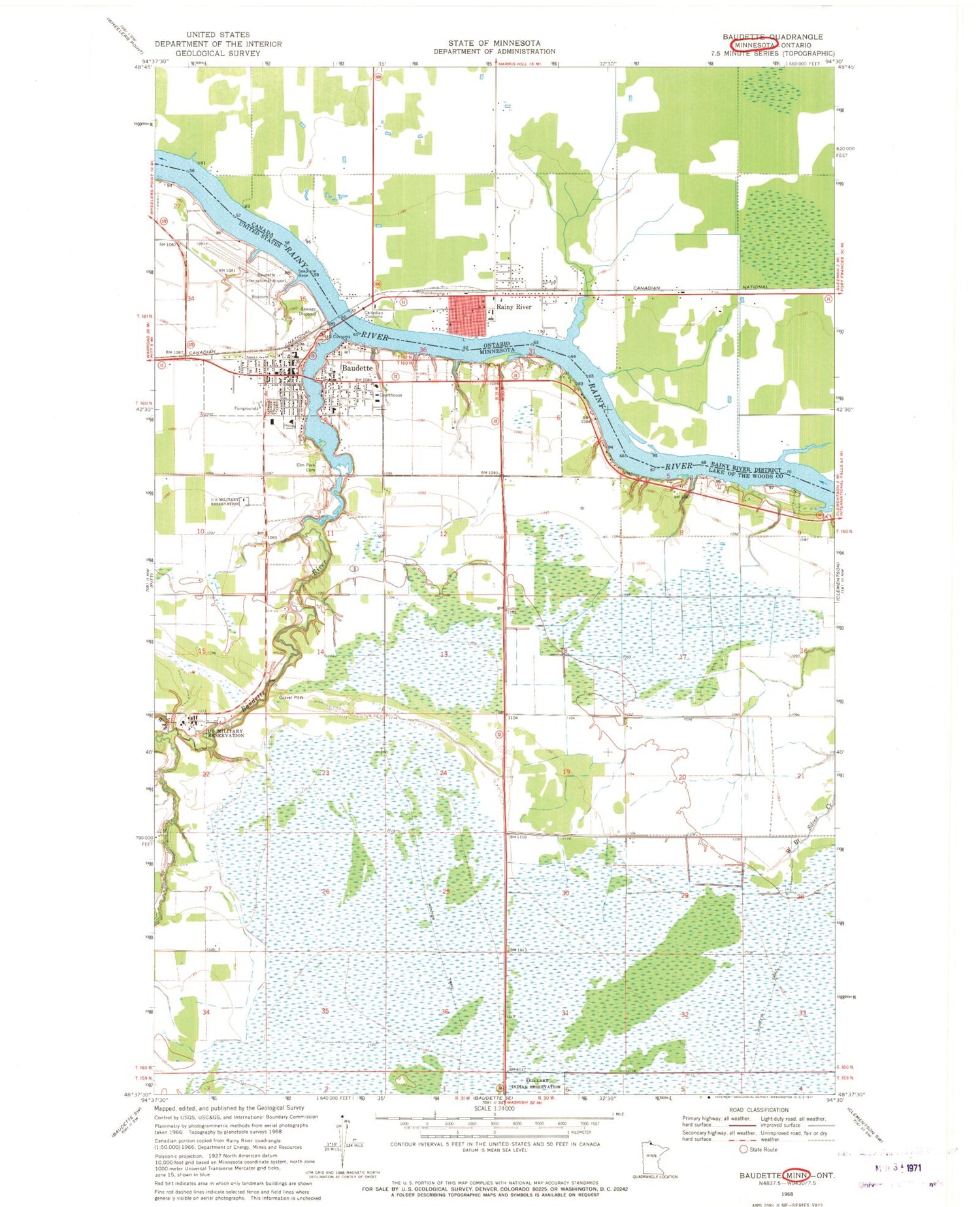 Classic USGS Baudette Minnesota 7.5'x7.5' Topo Map Image