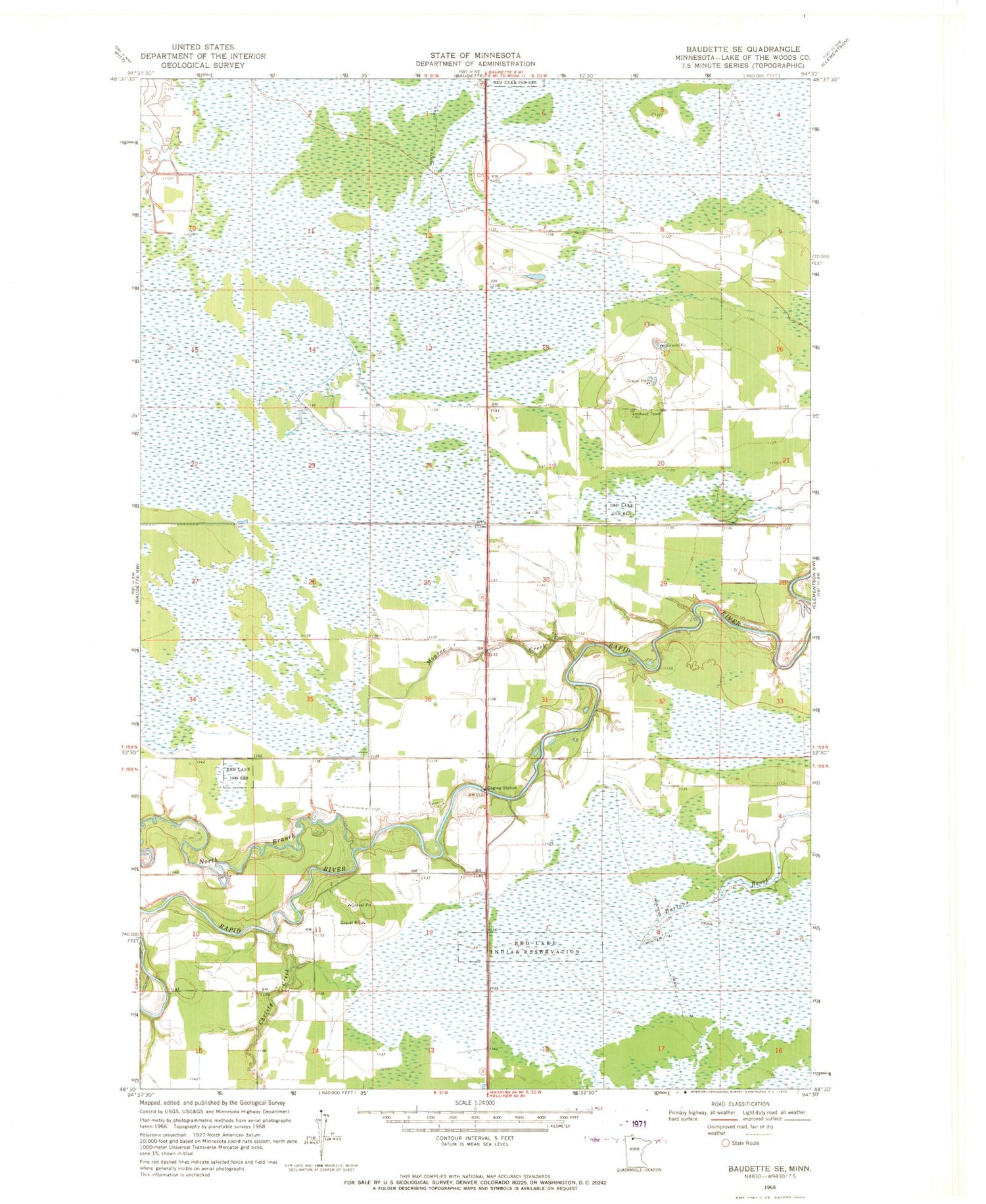 Classic USGS Baudette SE Minnesota 7.5'x7.5' Topo Map Image