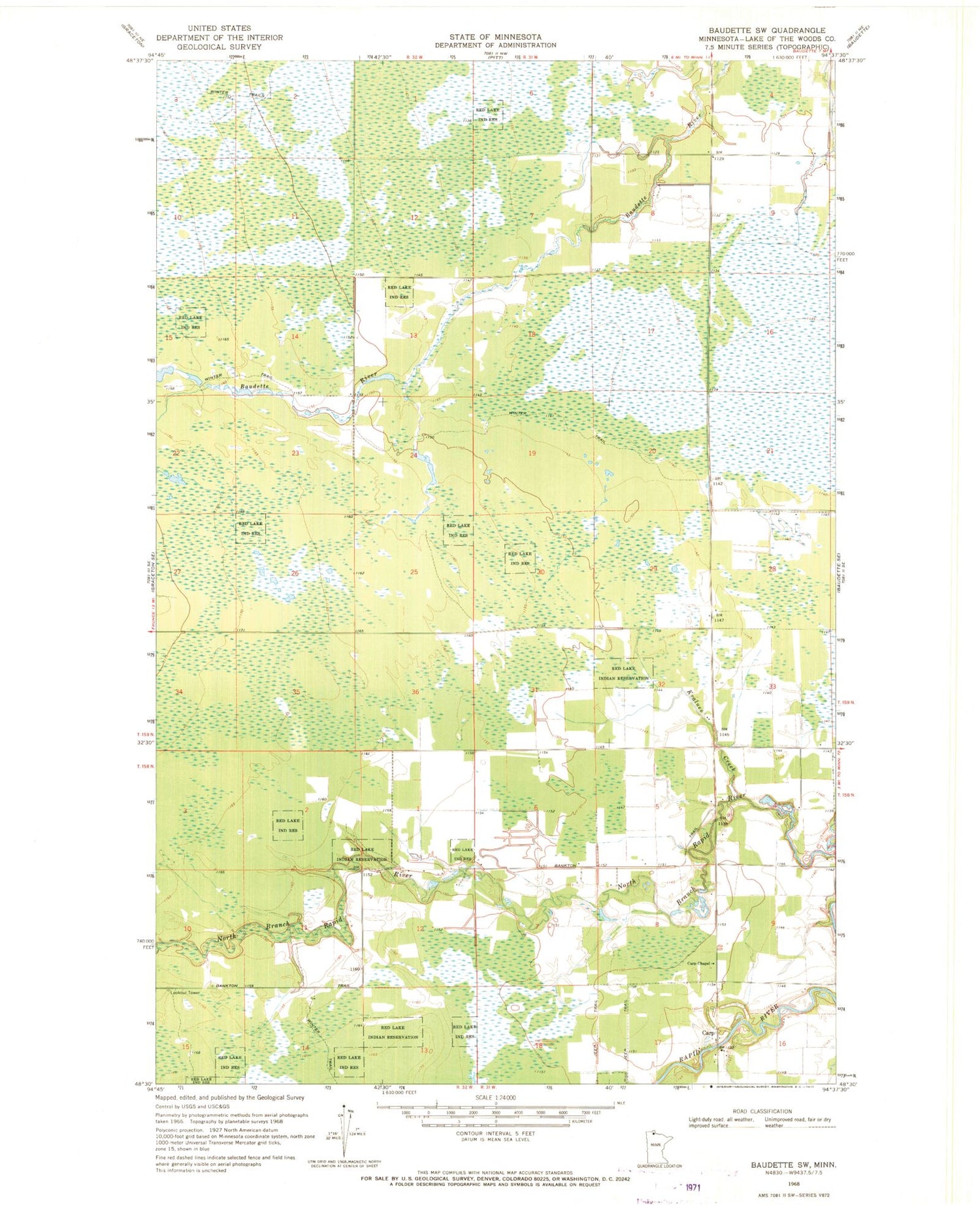 Classic USGS Baudette SW Minnesota 7.5'x7.5' Topo Map Image