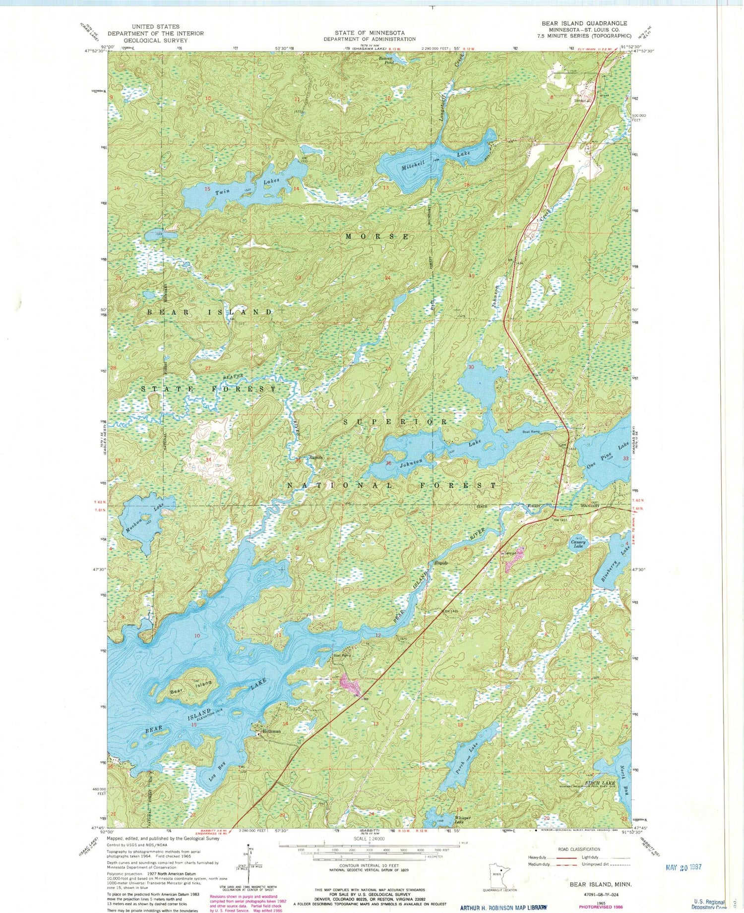 Classic USGS Bear Island Minnesota 7.5'x7.5' Topo Map Image