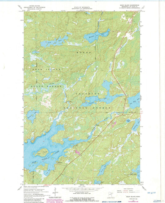 Classic USGS Bear Island Minnesota 7.5'x7.5' Topo Map Image