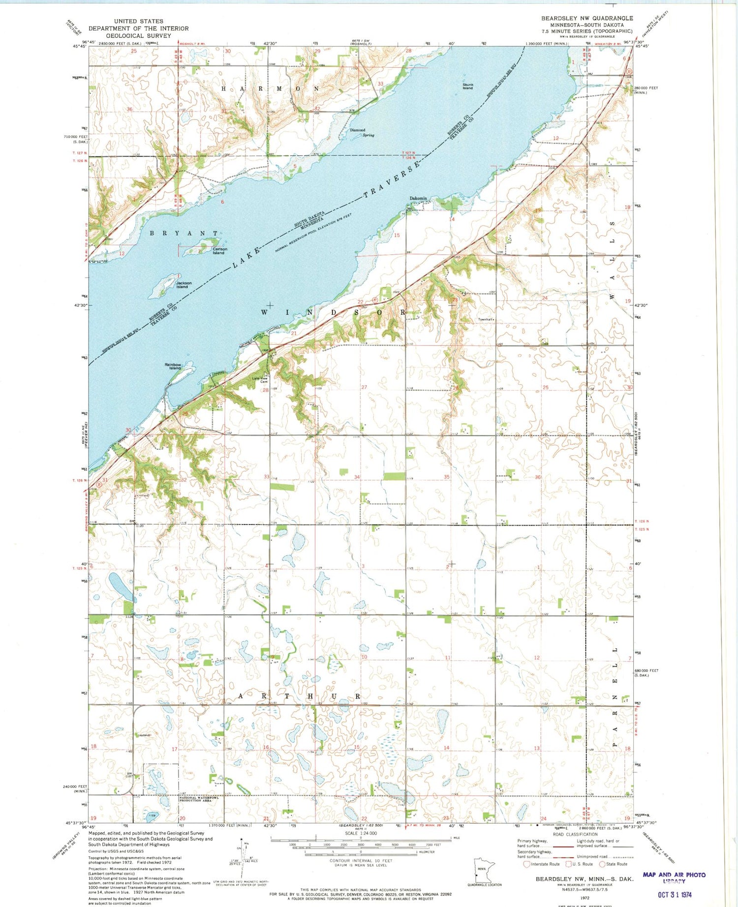 Classic USGS Beardsley NW Minnesota 7.5'x7.5' Topo Map Image