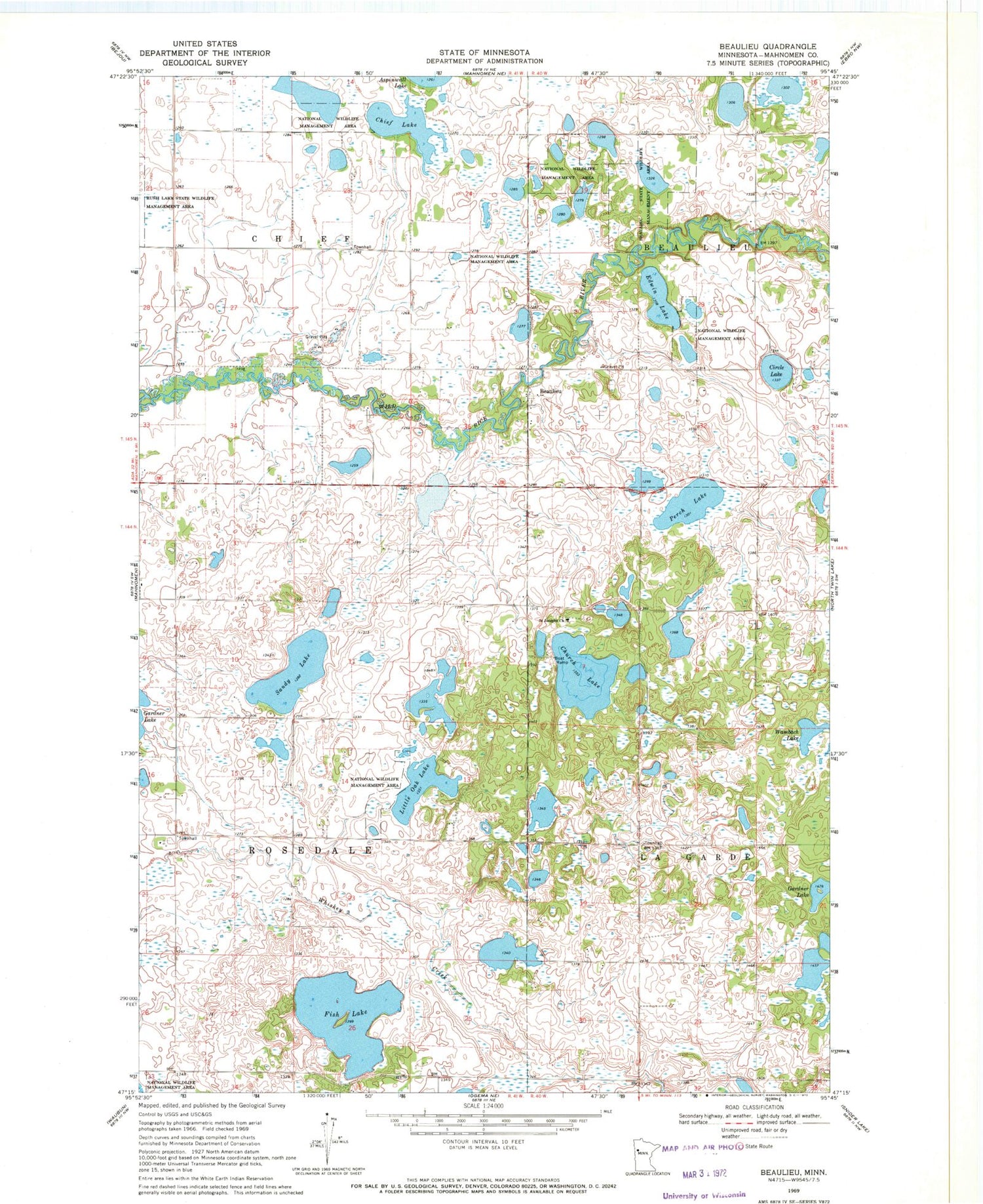 Classic USGS Beaulieu Minnesota 7.5'x7.5' Topo Map Image