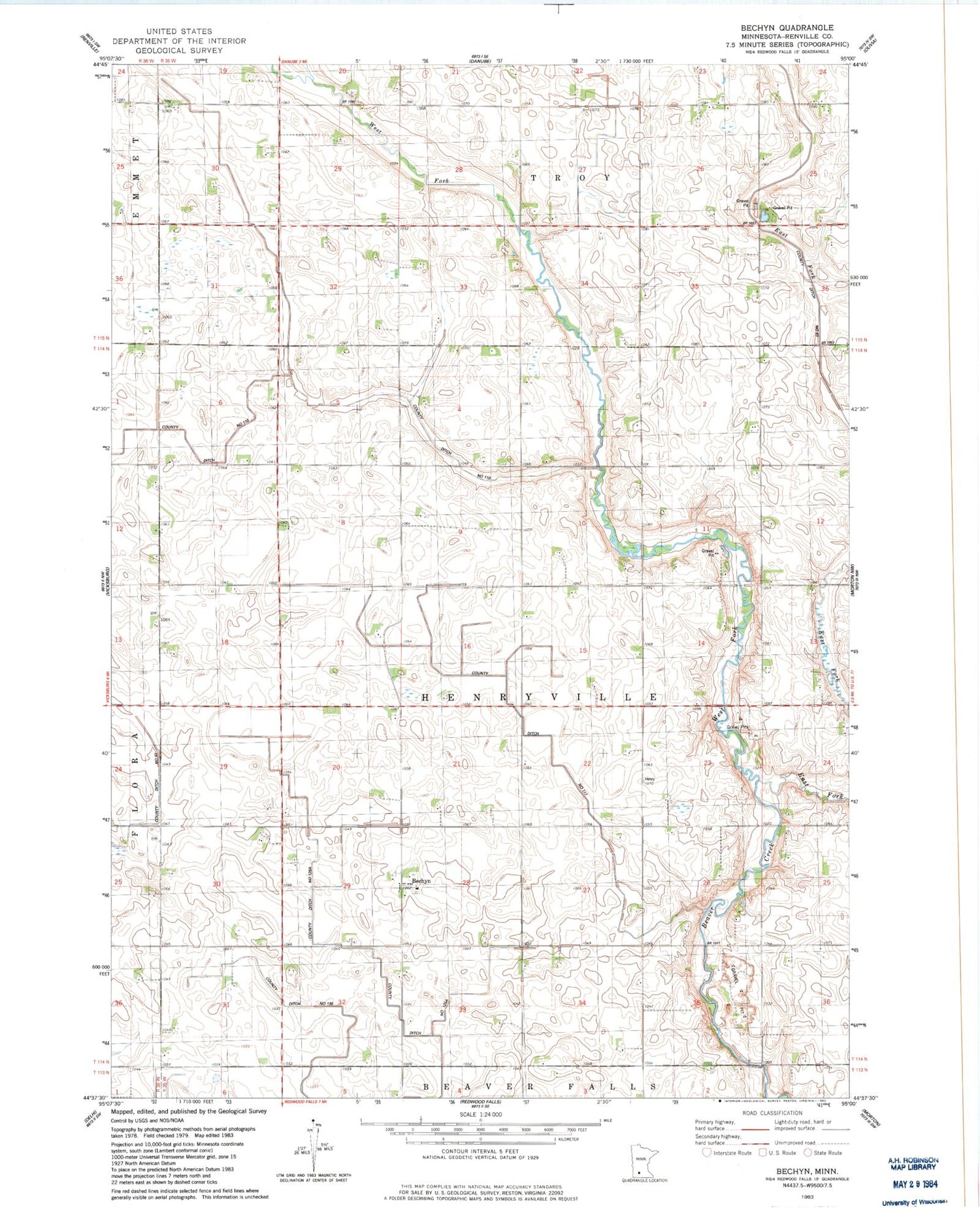 Classic USGS Bechyn Minnesota 7.5'x7.5' Topo Map Image