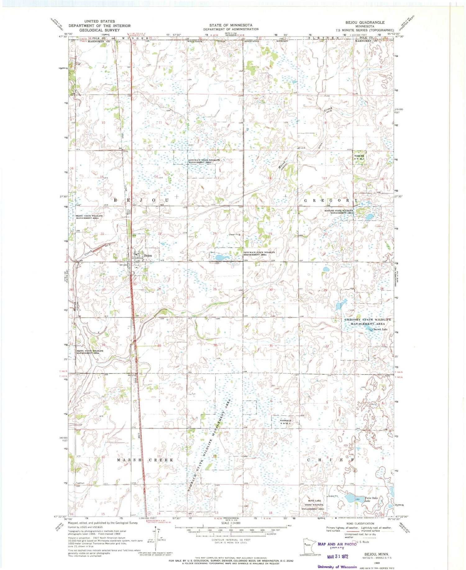 Classic USGS Bejou Minnesota 7.5'x7.5' Topo Map Image