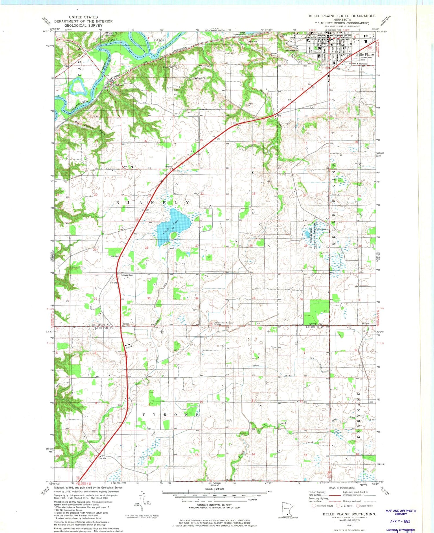Classic USGS Belle Plaine North Minnesota 7.5'x7.5' Topo Map Image