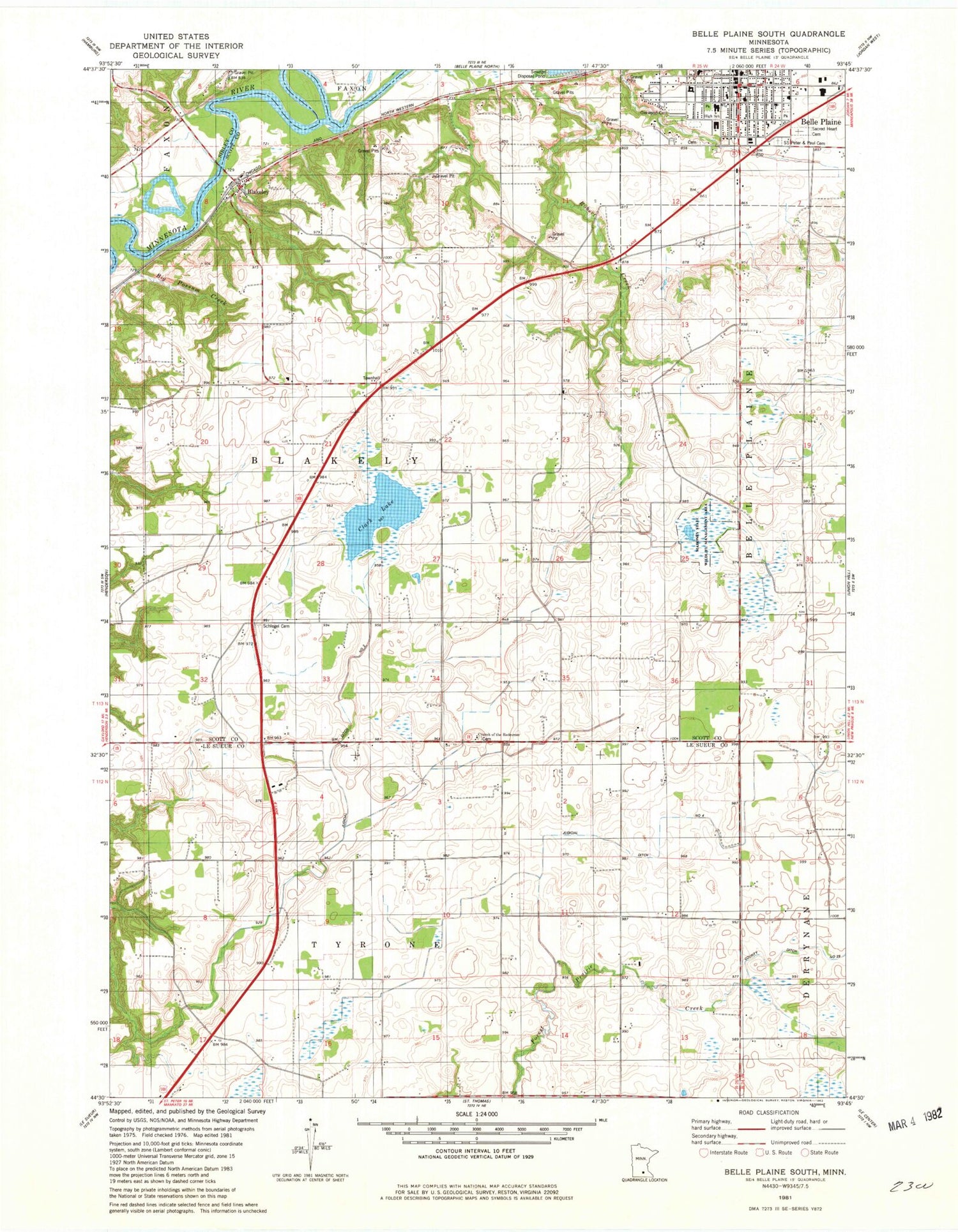 Classic USGS Belle Plaine South Minnesota 7.5'x7.5' Topo Map Image