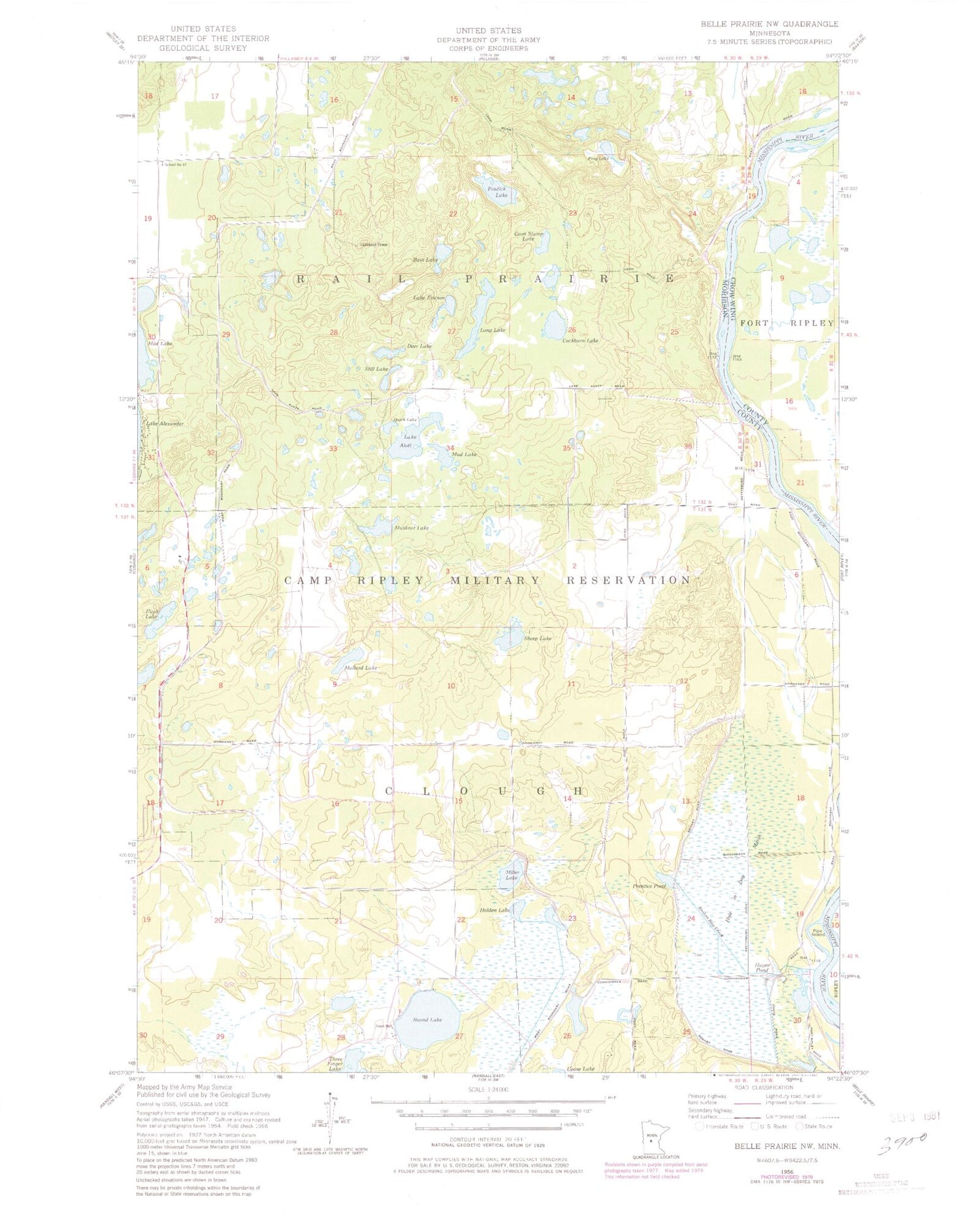 Classic USGS Belle Prairie NW Minnesota 7.5'x7.5' Topo Map Image