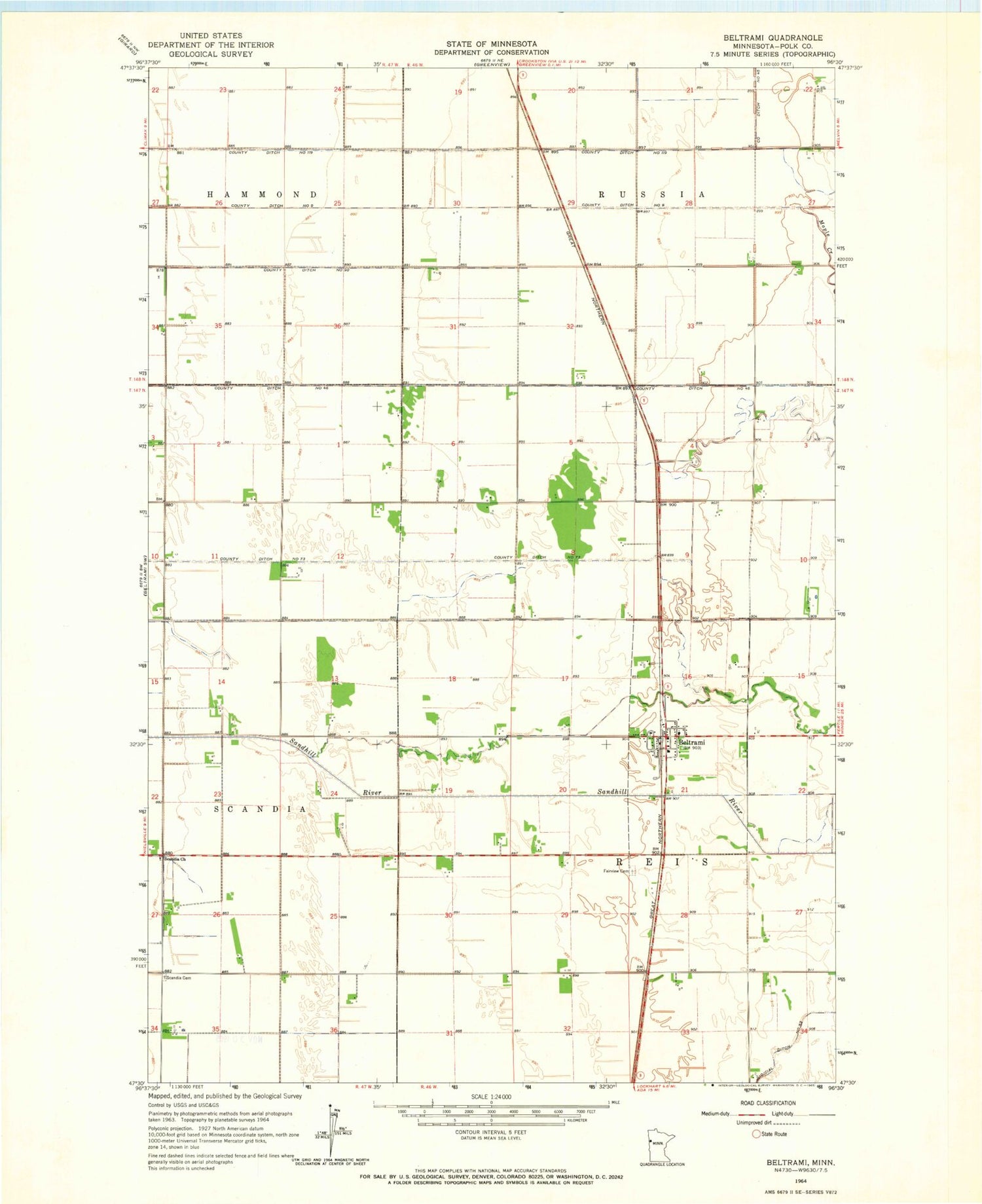 Classic USGS Beltrami Minnesota 7.5'x7.5' Topo Map Image