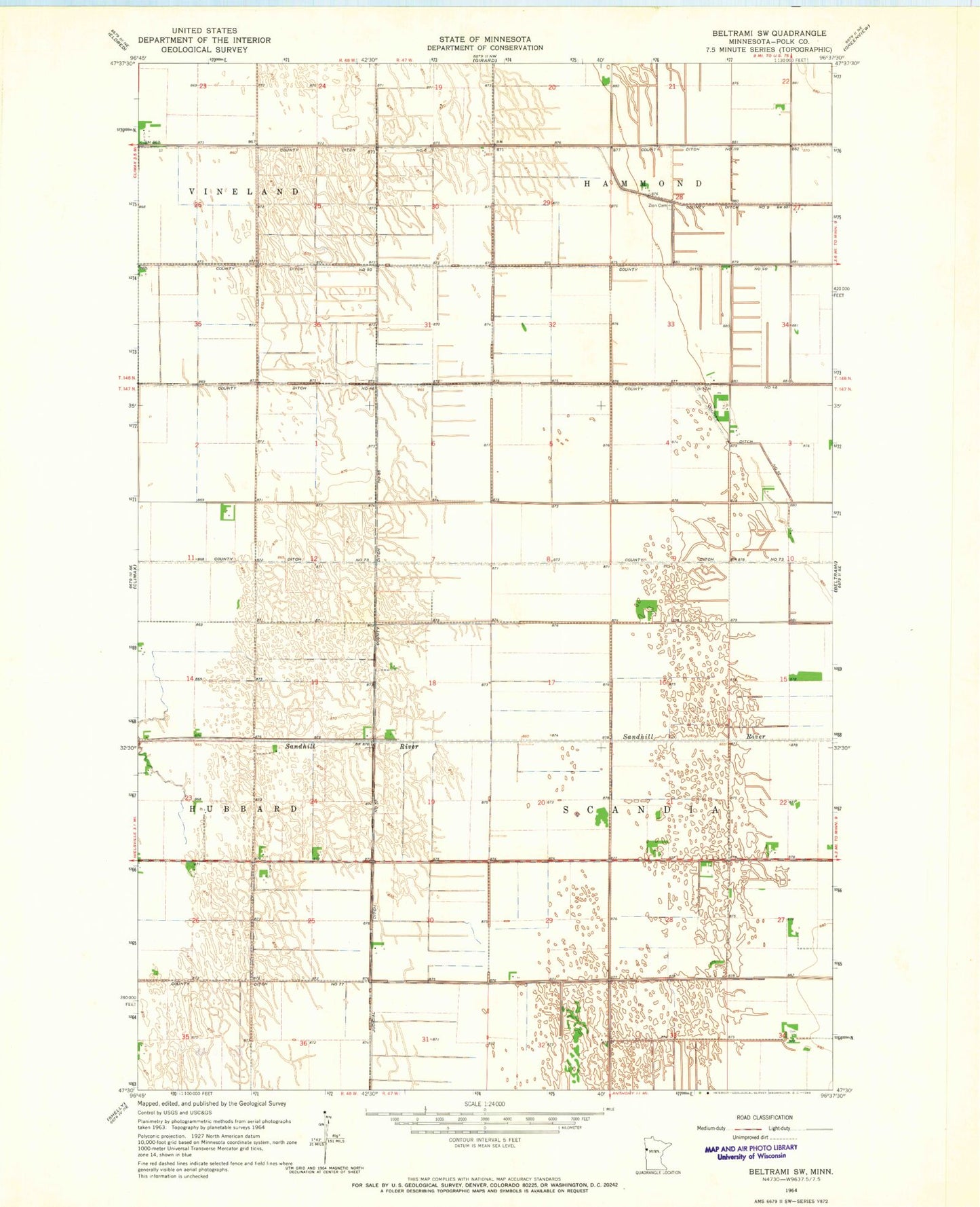 Classic USGS Beltrami SW Minnesota 7.5'x7.5' Topo Map Image