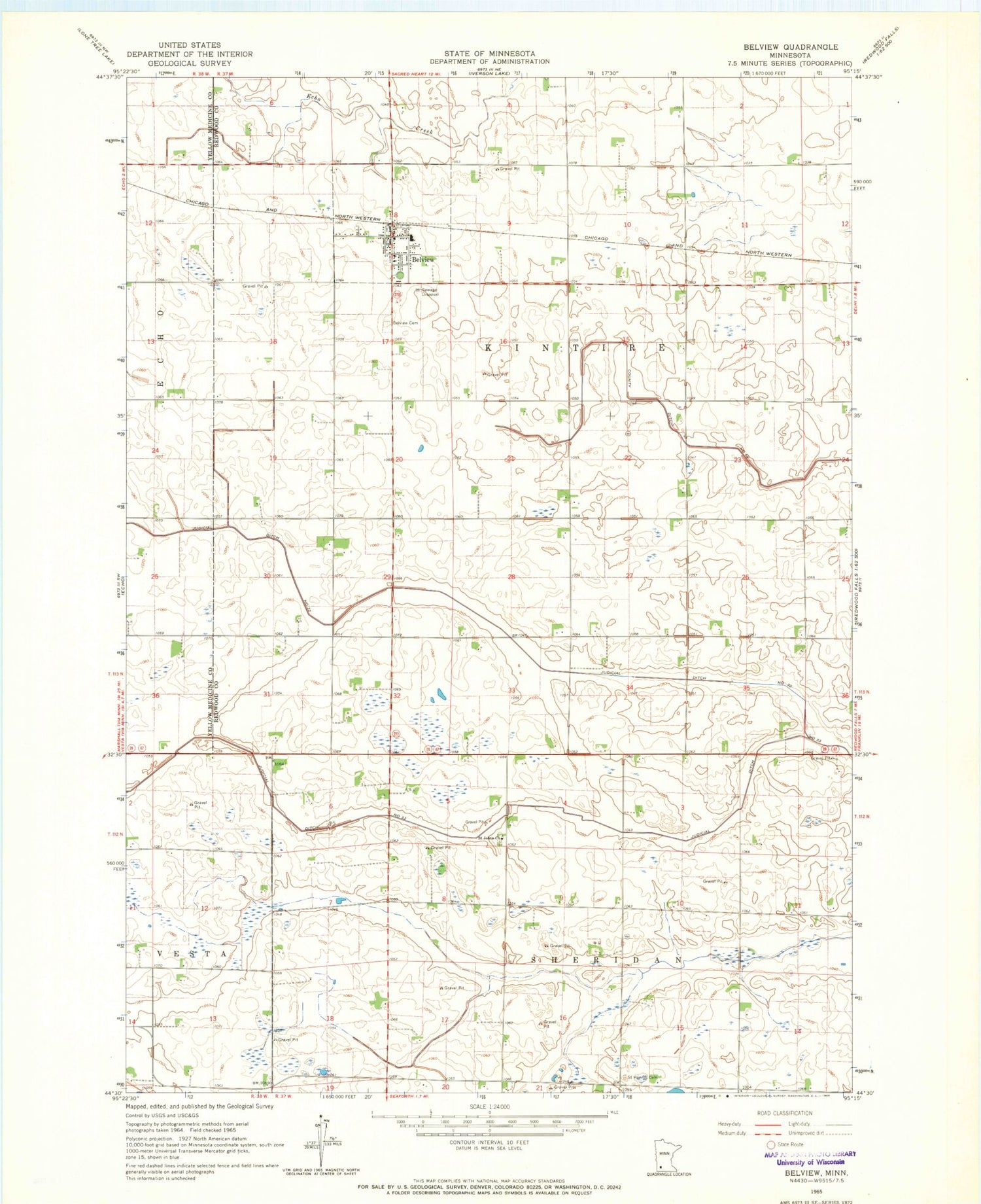 Classic USGS Belview Minnesota 7.5'x7.5' Topo Map Image