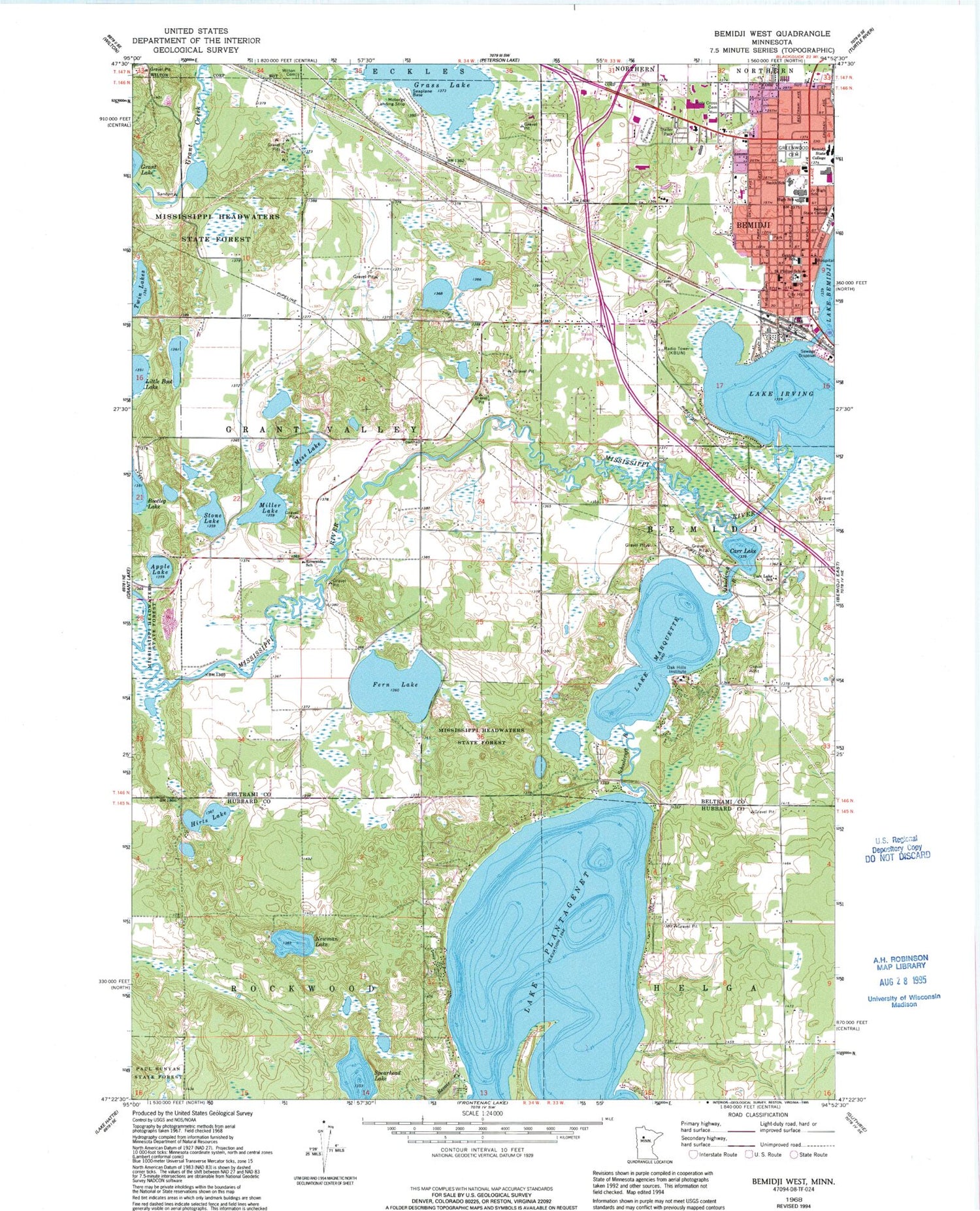Classic USGS Bemidji West Minnesota 7.5'x7.5' Topo Map Image