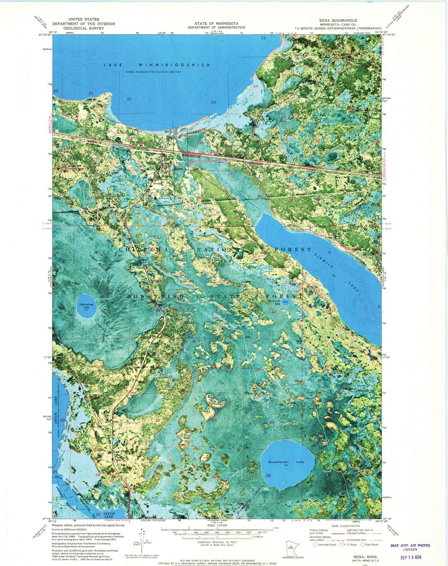 Classic USGS Bena Minnesota 7.5'x7.5' Topo Map Image