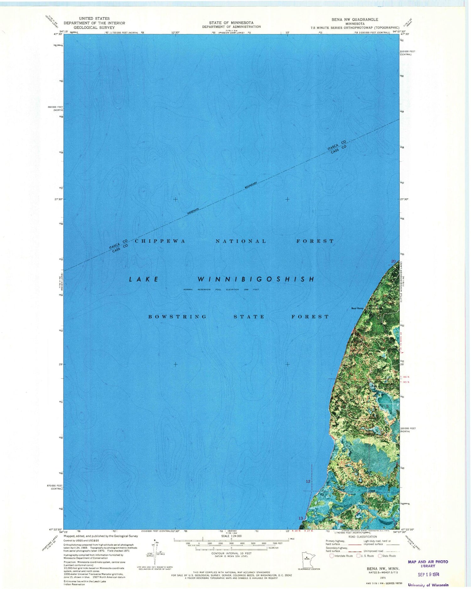 Classic USGS Bena NW Minnesota 7.5'x7.5' Topo Map Image