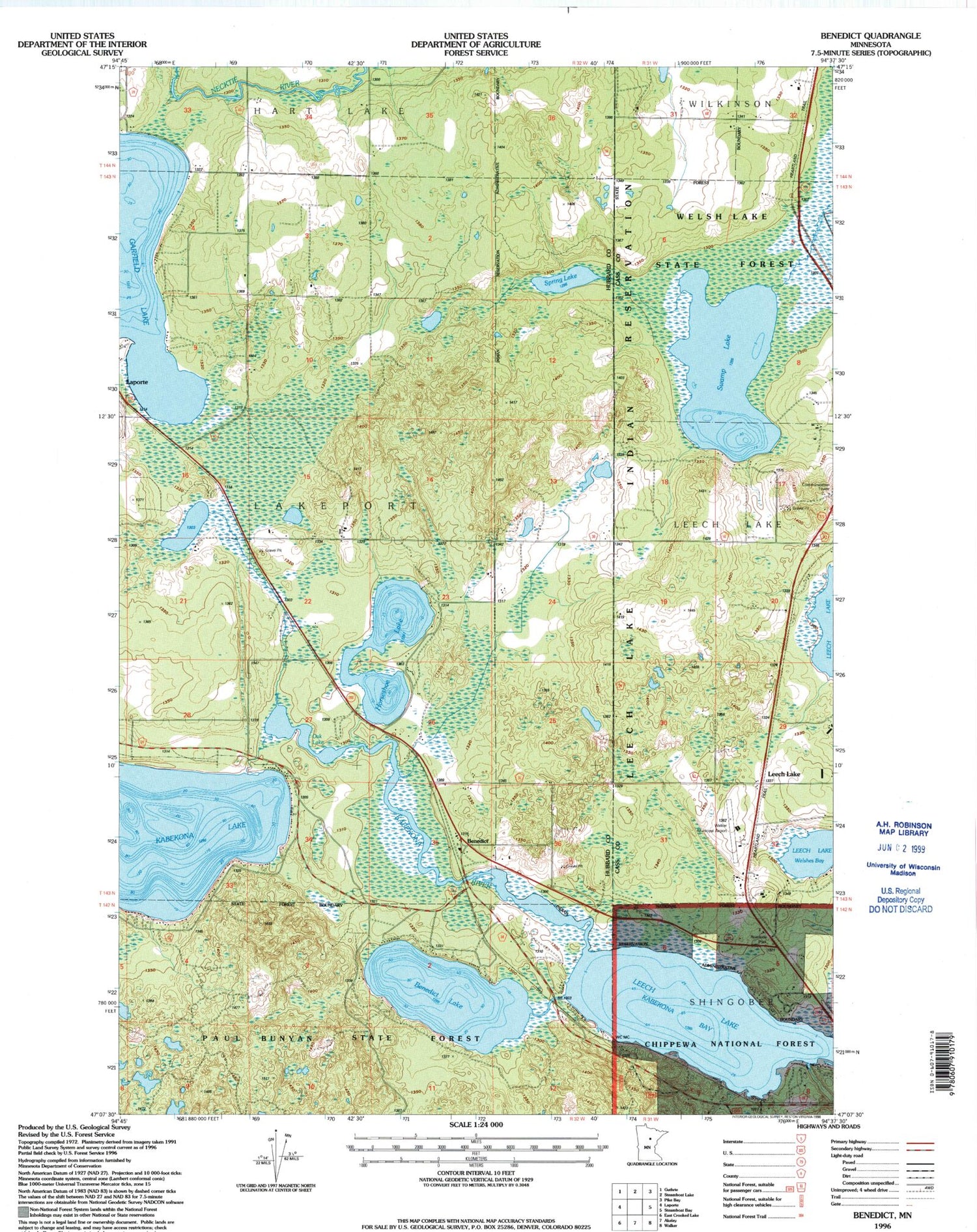 Classic USGS Benedict Minnesota 7.5'x7.5' Topo Map Image