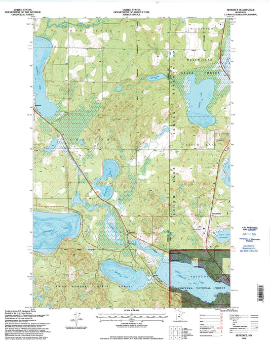 Classic USGS Benedict Minnesota 7.5'x7.5' Topo Map Image