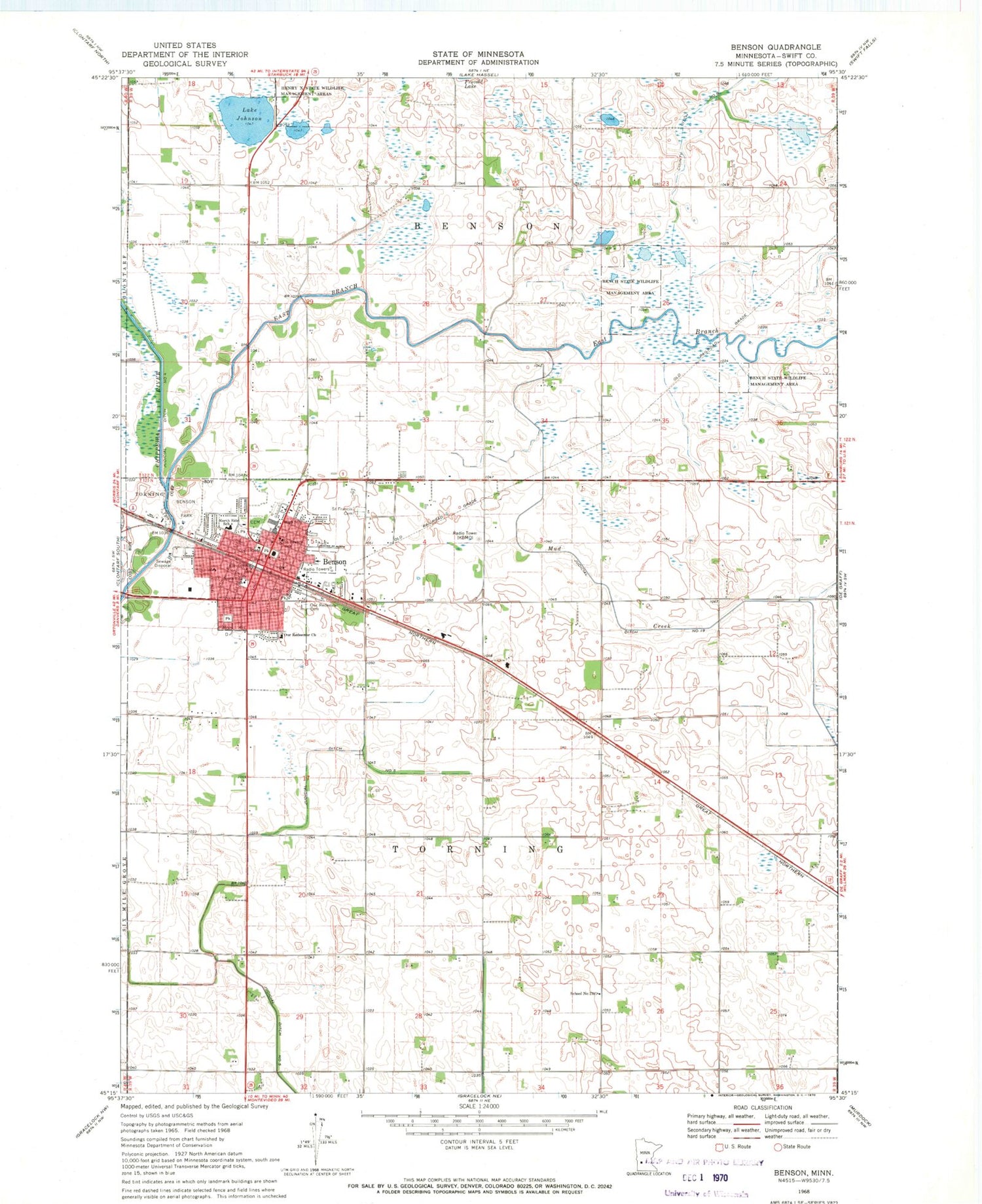 Classic USGS Benson Minnesota 7.5'x7.5' Topo Map Image