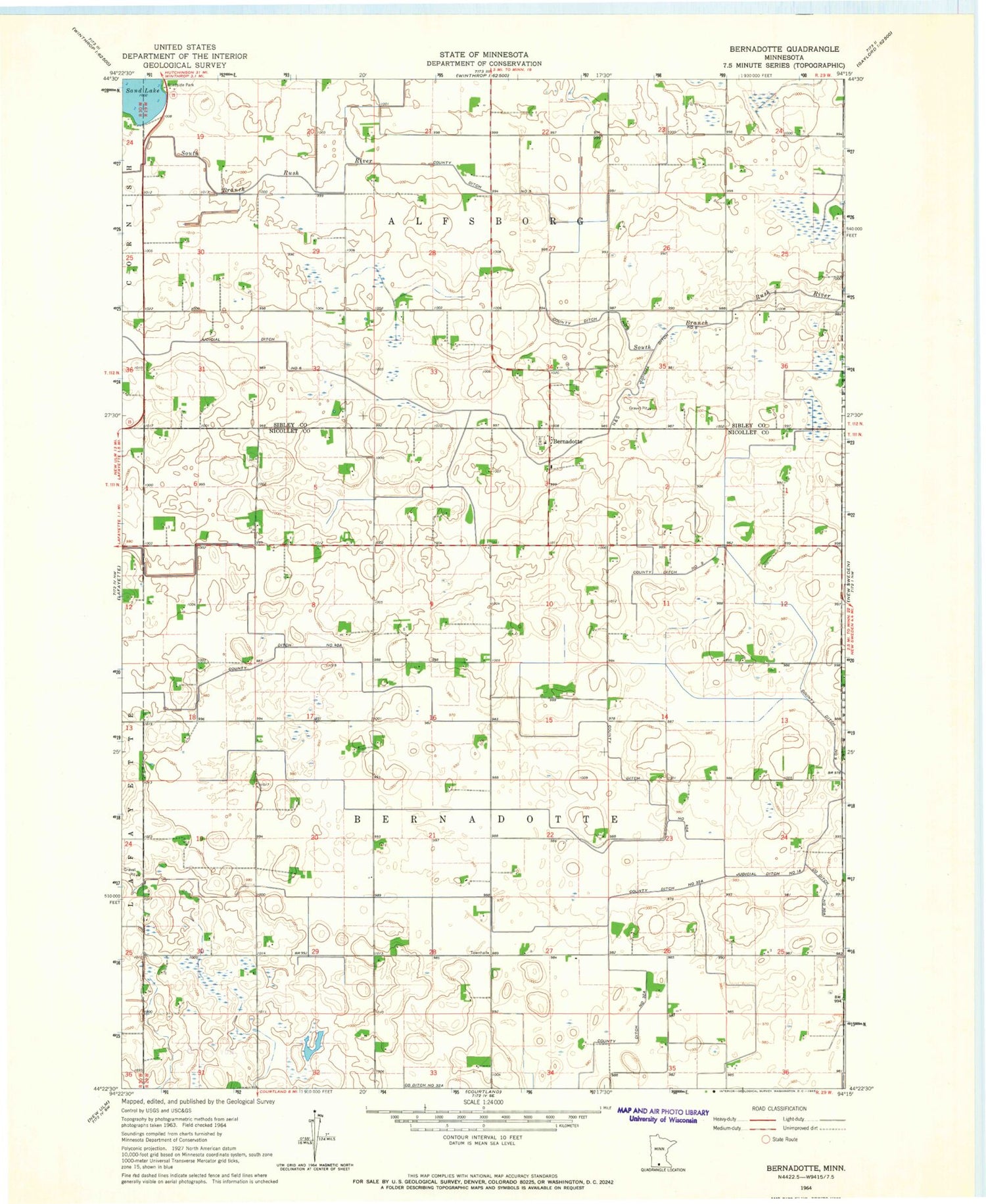 Classic USGS Bernadotte Minnesota 7.5'x7.5' Topo Map Image