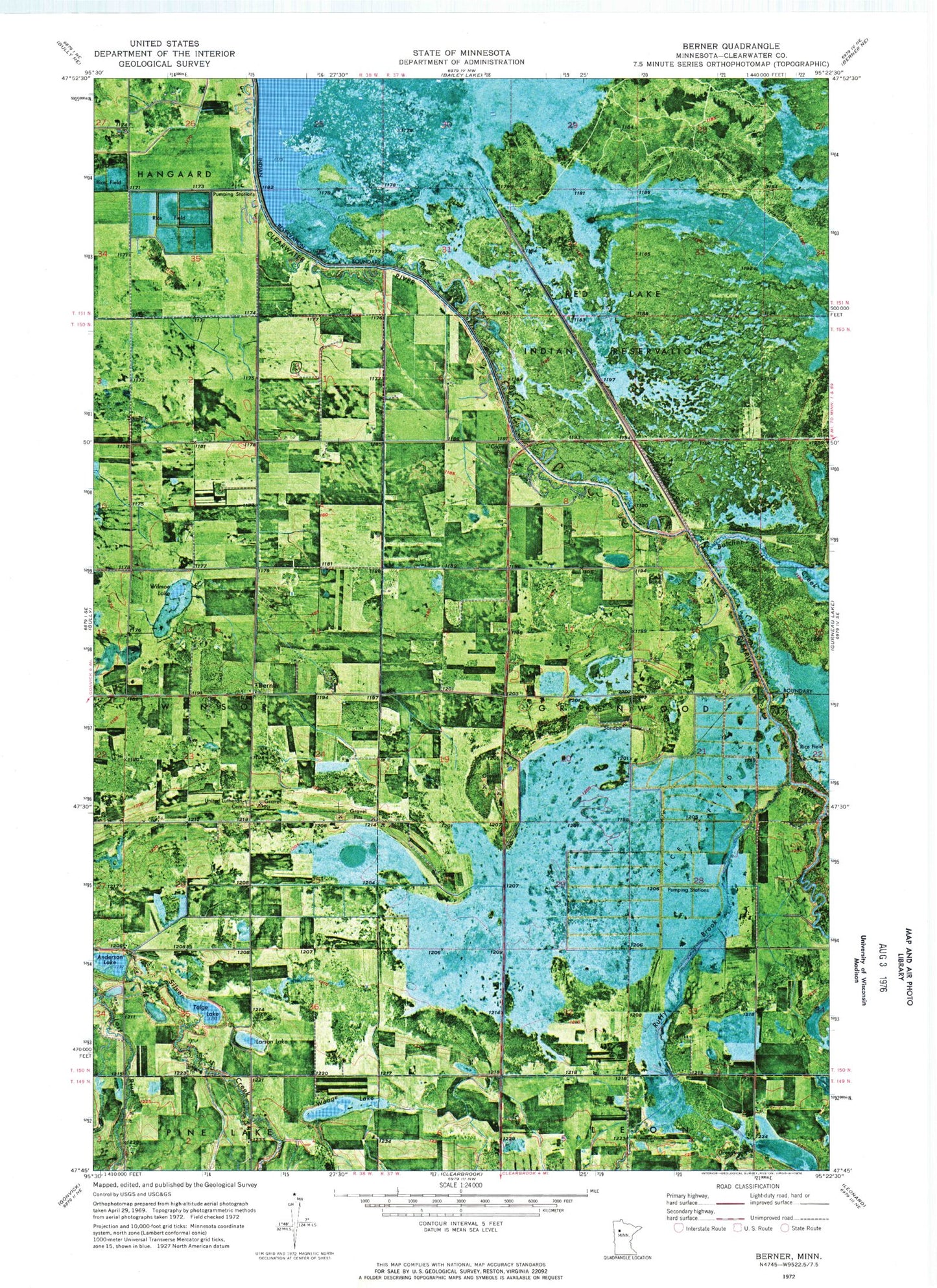 Classic USGS Berner Minnesota 7.5'x7.5' Topo Map Image