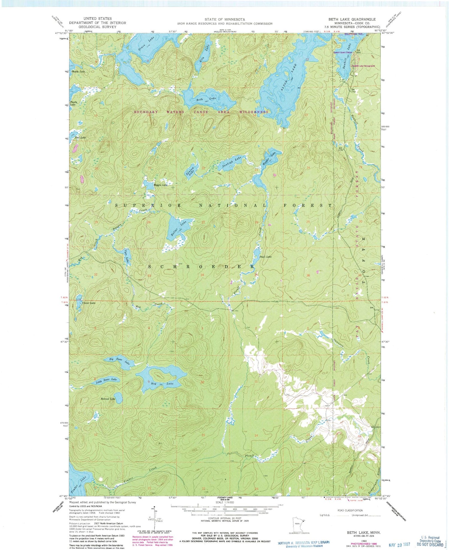 Classic USGS Beth Lake Minnesota 7.5'x7.5' Topo Map Image