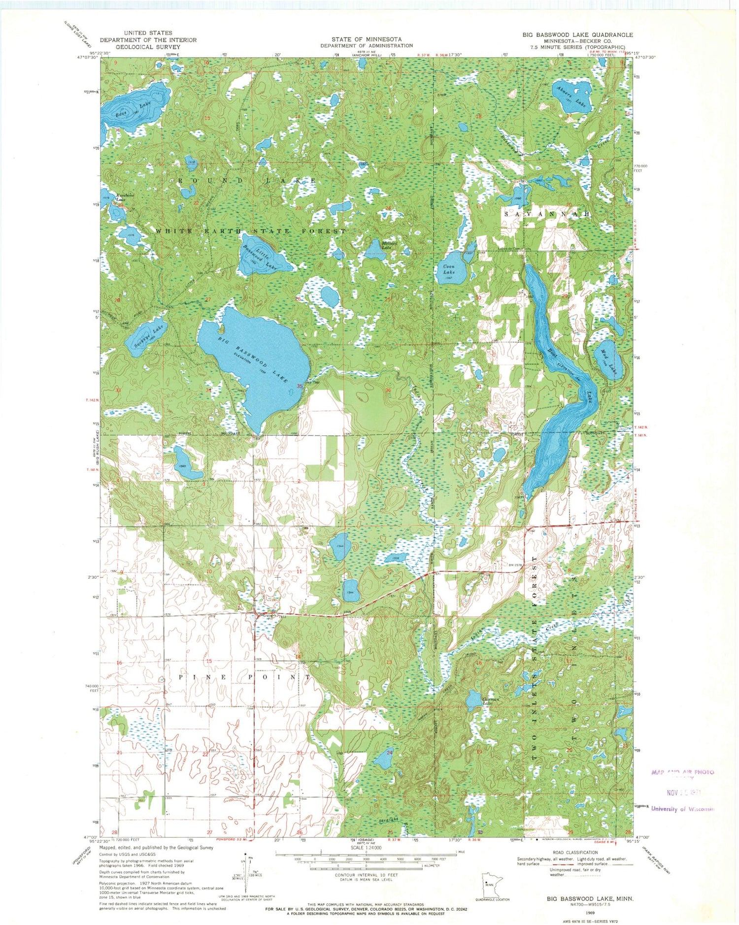 Classic USGS Big Basswood Lake Minnesota 7.5'x7.5' Topo Map Image