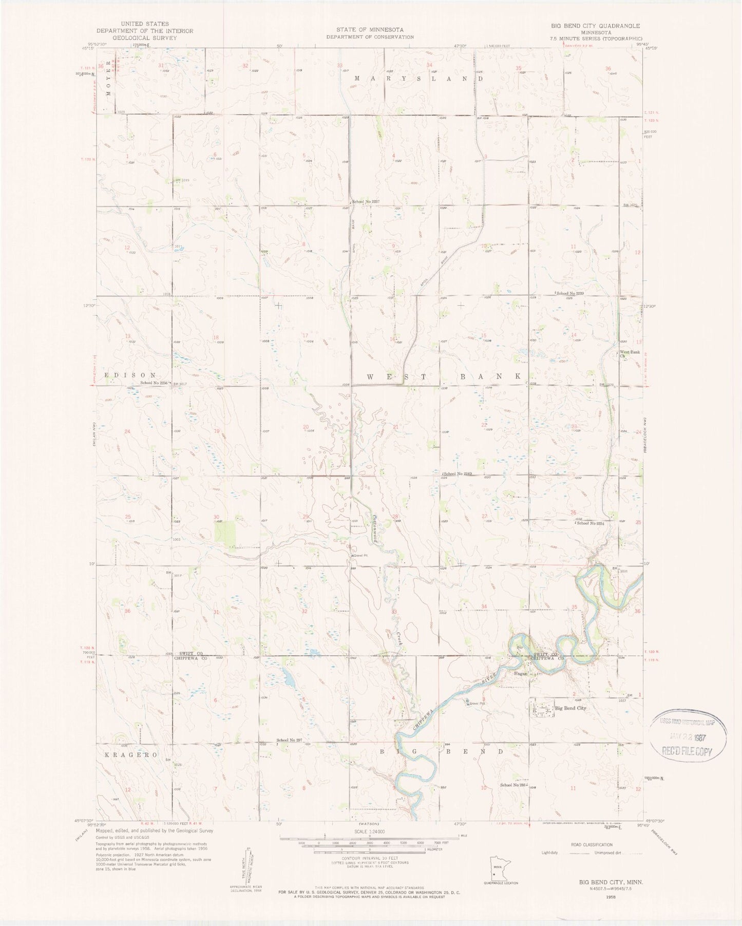 Classic USGS Big Bend City Minnesota 7.5'x7.5' Topo Map Image