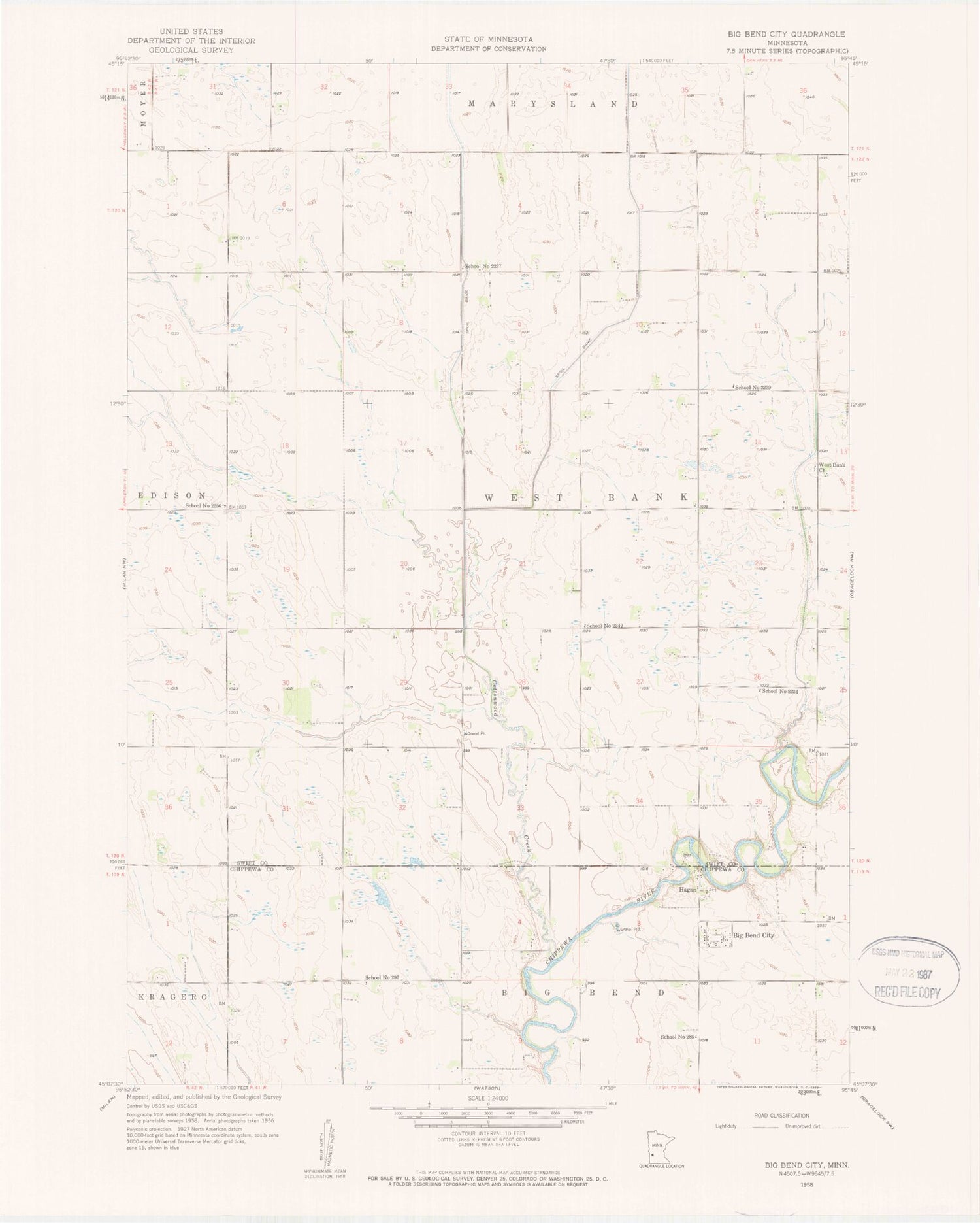 Classic USGS Big Bend City Minnesota 7.5'x7.5' Topo Map Image
