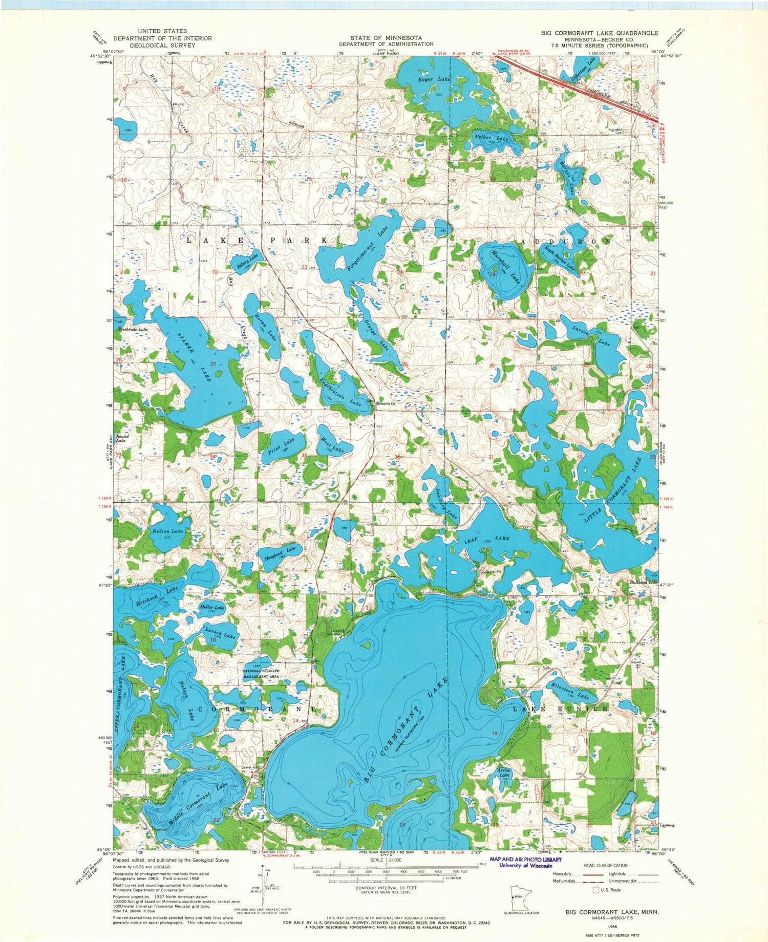 Classic USGS Big Cormorant Lake Minnesota 7.5'x7.5' Topo Map Image