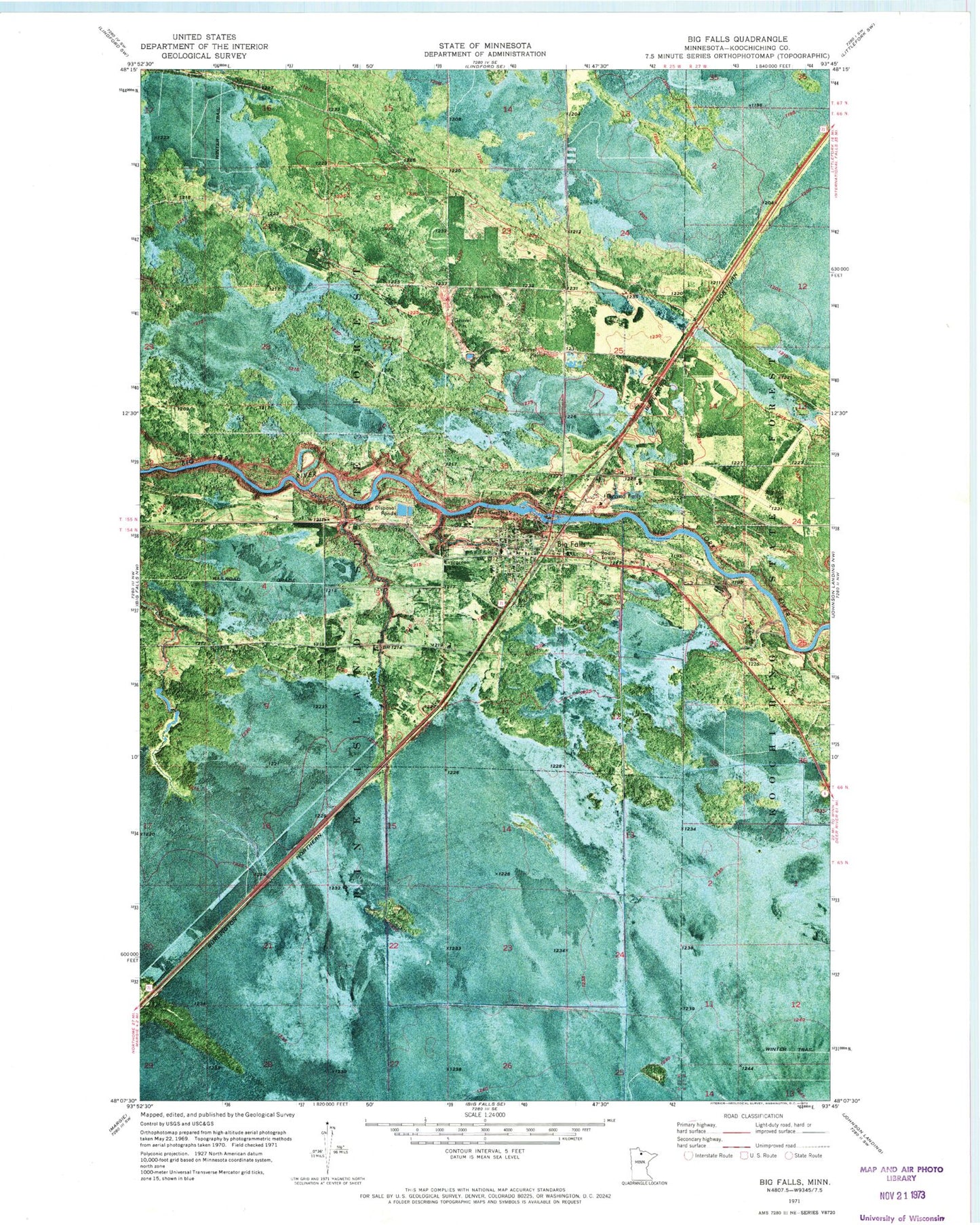 Classic USGS Big Falls Minnesota 7.5'x7.5' Topo Map Image
