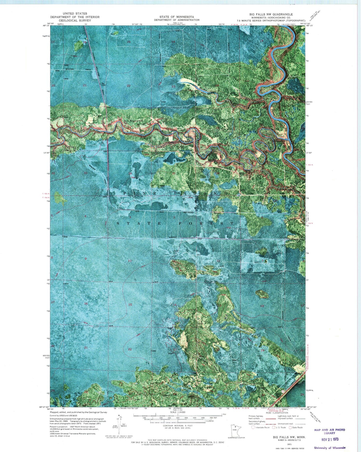 Classic USGS Big Falls NW Minnesota 7.5'x7.5' Topo Map Image