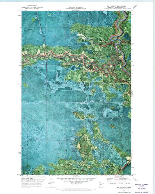 Classic USGS Big Falls NW Minnesota 7.5'x7.5' Topo Map Image