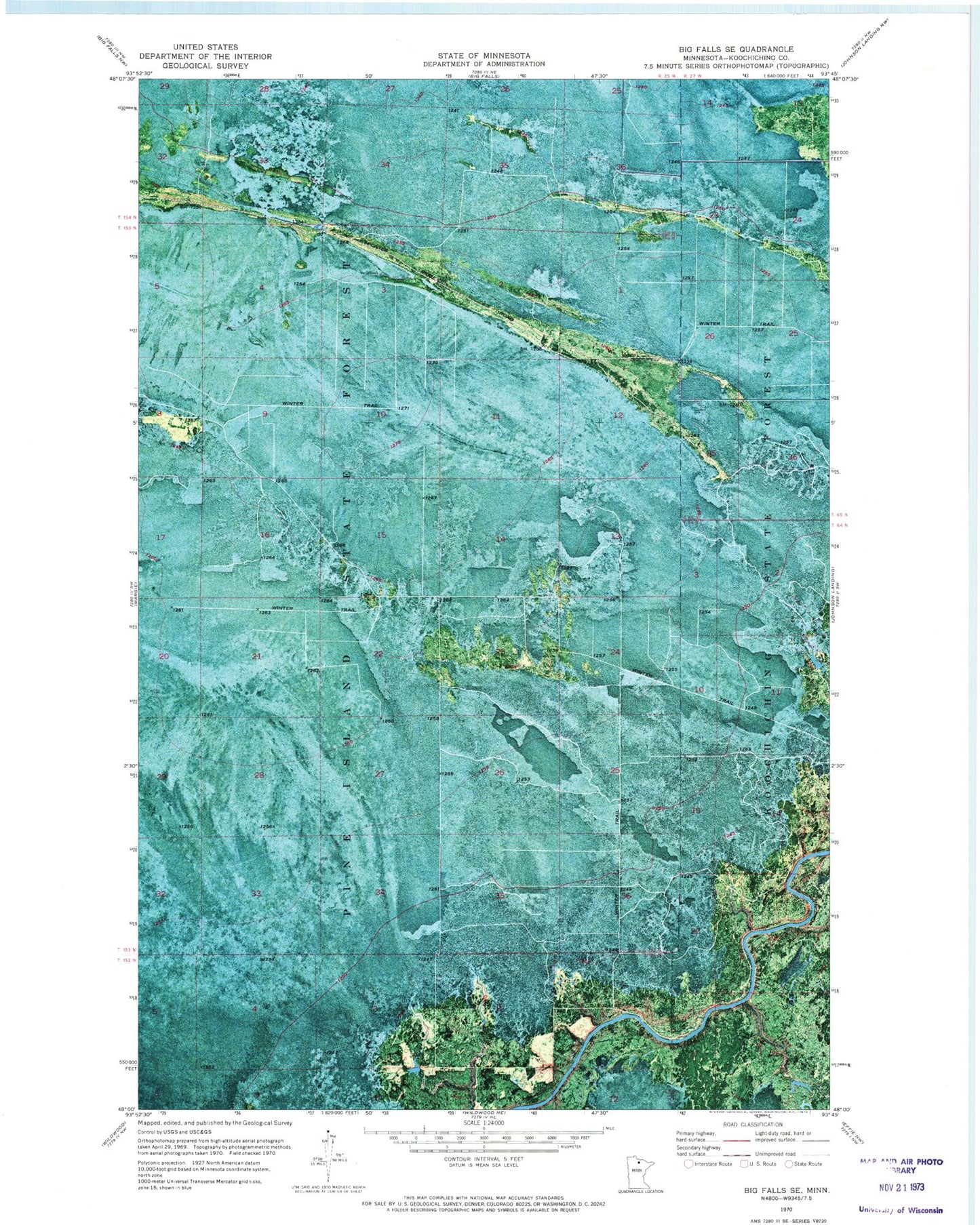 Classic USGS Big Falls SE Minnesota 7.5'x7.5' Topo Map Image