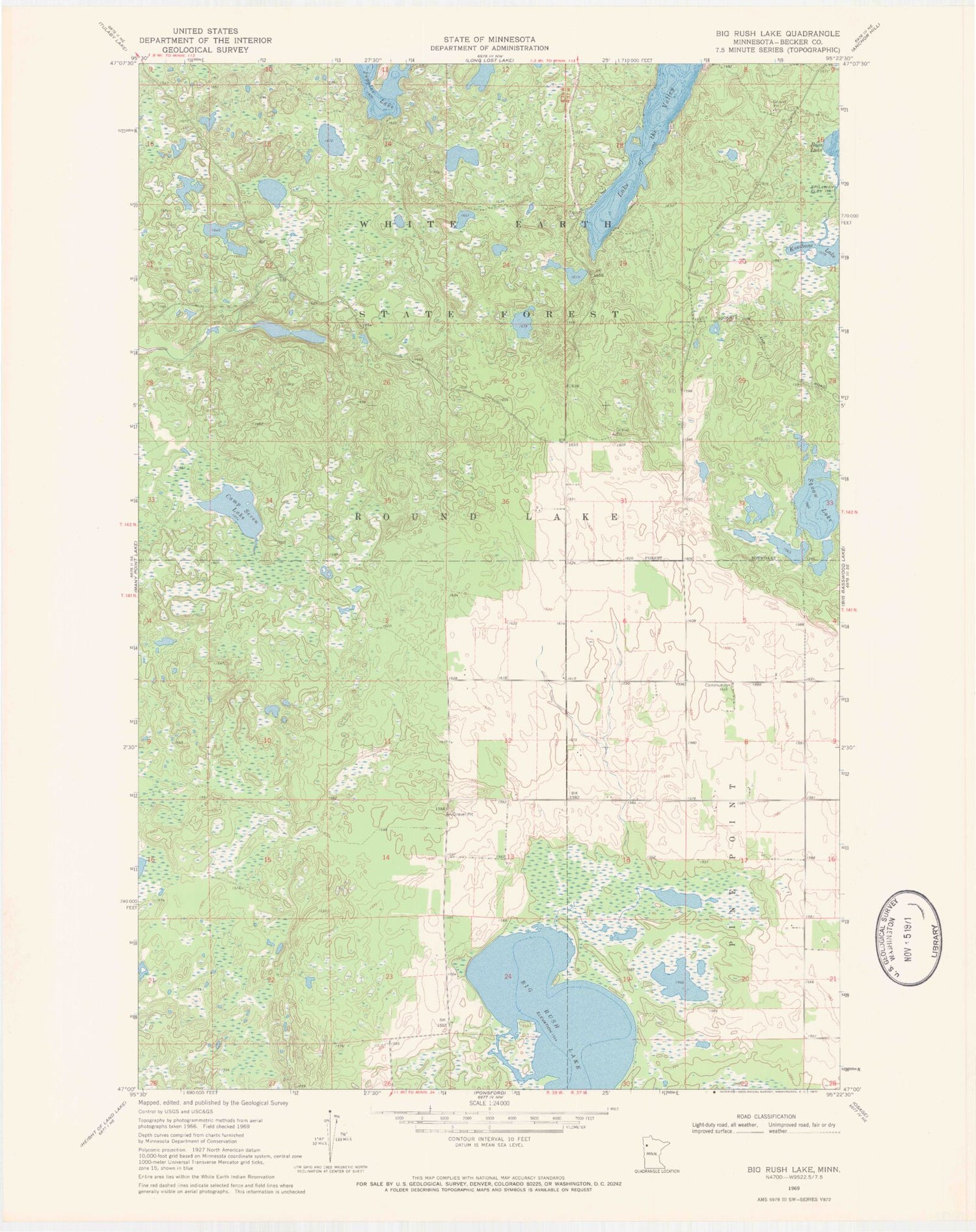 Classic USGS Big Rush Lake Minnesota 7.5'x7.5' Topo Map Image