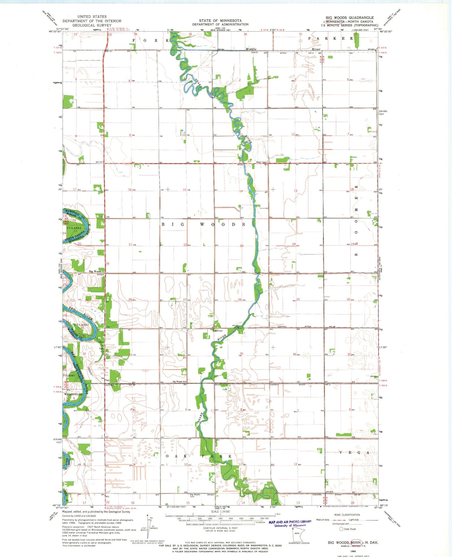 Classic USGS Big Woods Minnesota 7.5'x7.5' Topo Map Image