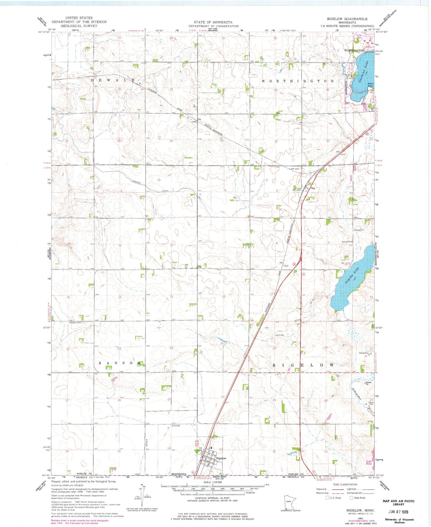 Classic USGS Bigelow Minnesota 7.5'x7.5' Topo Map Image