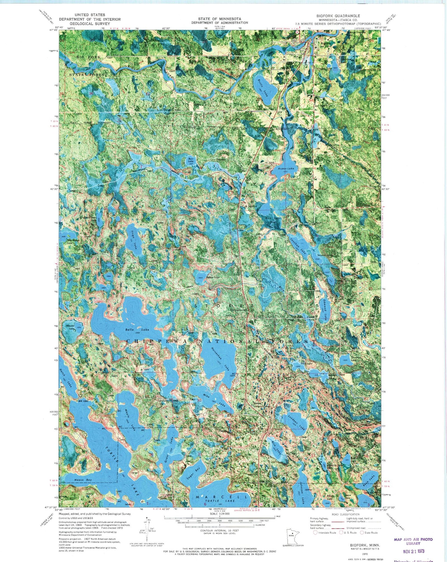 Classic USGS Bigfork Minnesota 7.5'x7.5' Topo Map Image