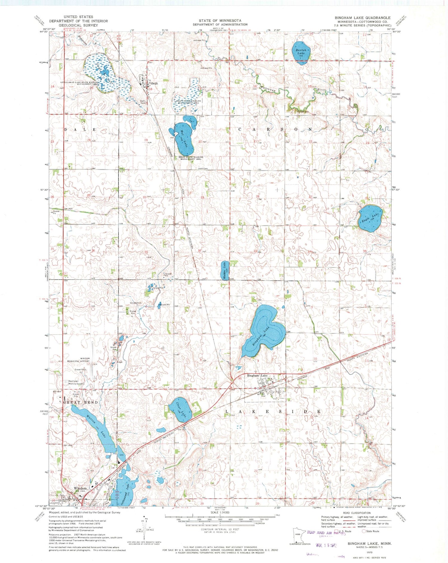 Classic USGS Bingham Lake Minnesota 7.5'x7.5' Topo Map Image