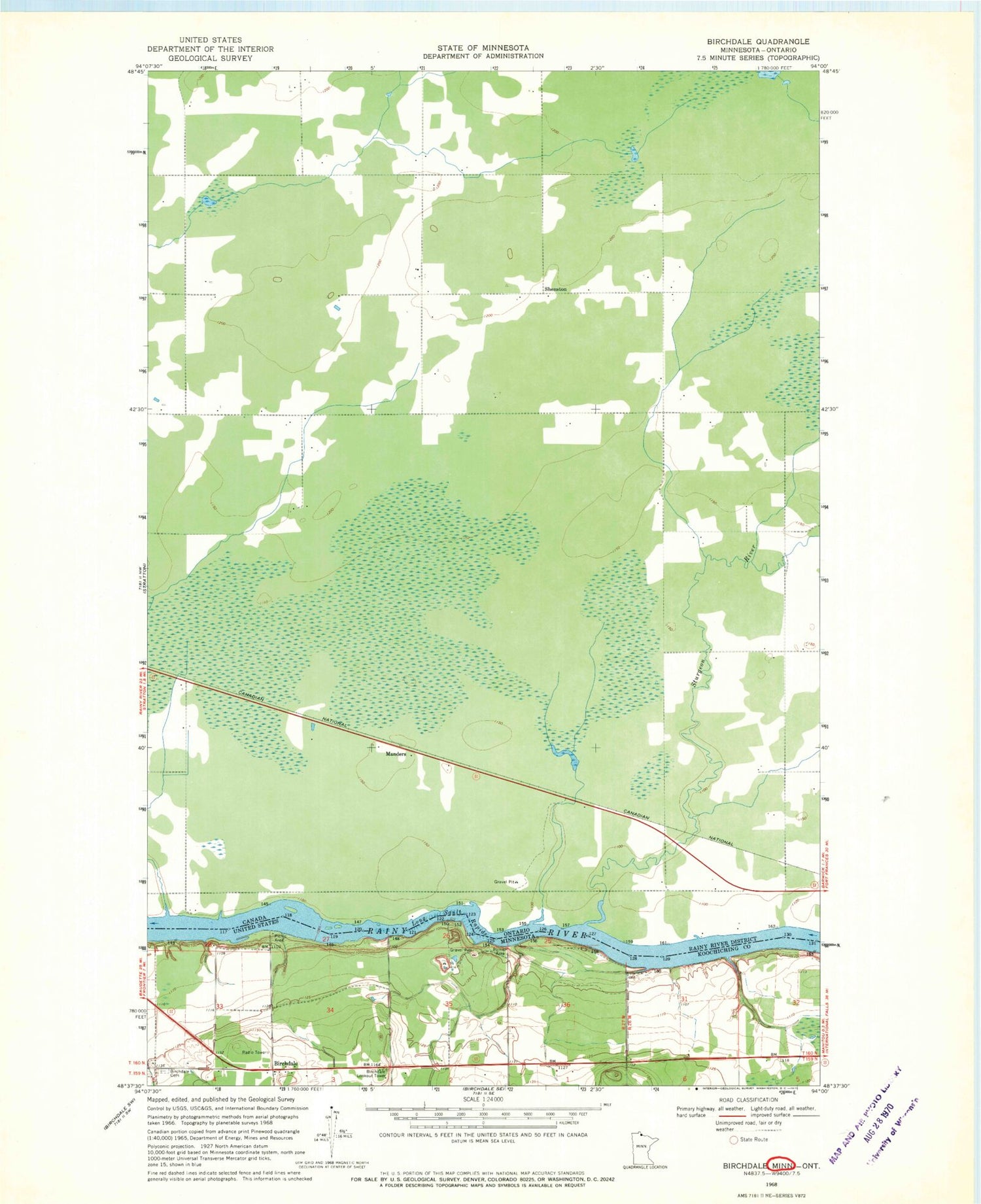 Classic USGS Birchdale Minnesota 7.5'x7.5' Topo Map Image
