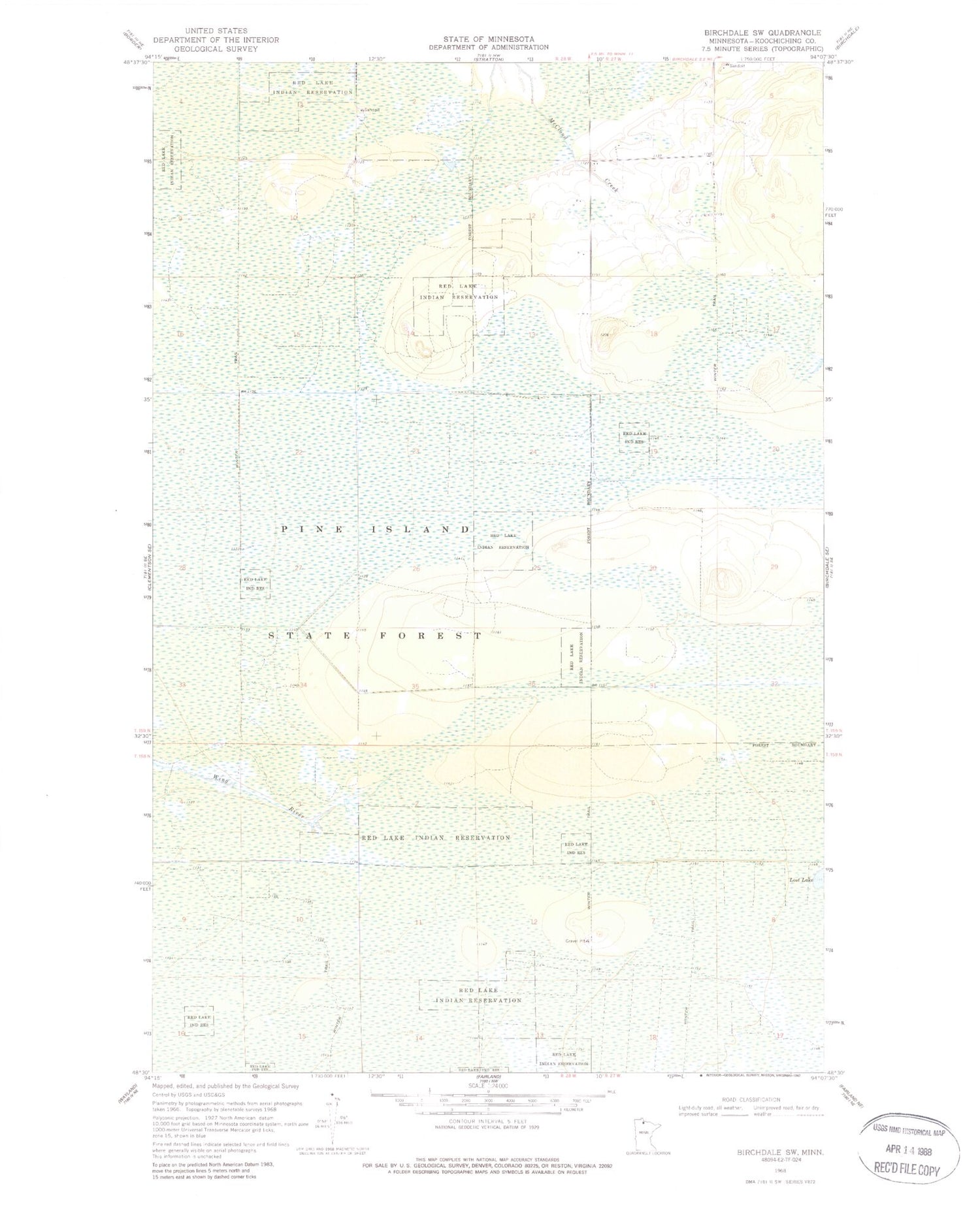 Classic USGS Birchdale SW Minnesota 7.5'x7.5' Topo Map Image