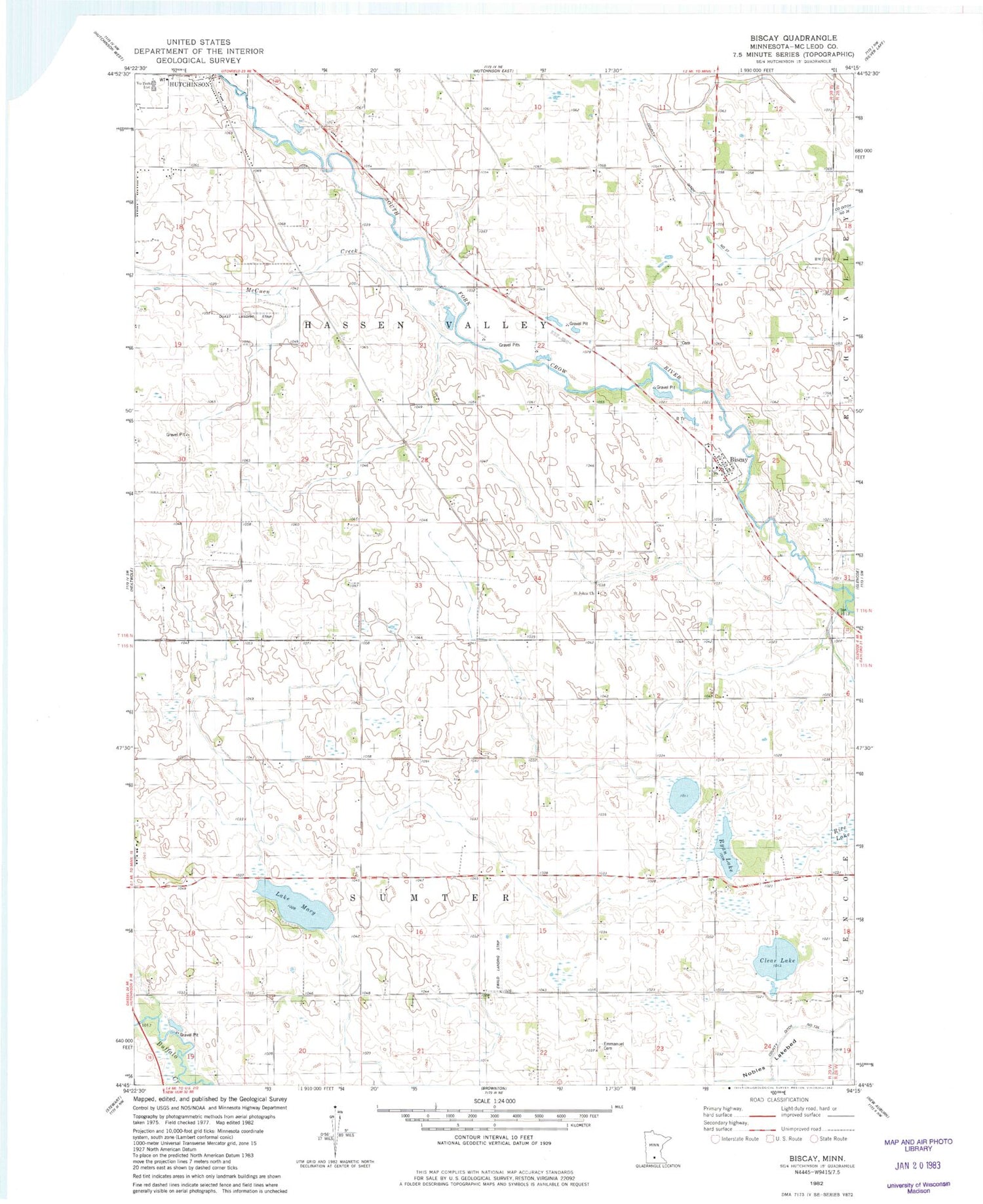 Classic USGS Biscay Minnesota 7.5'x7.5' Topo Map Image