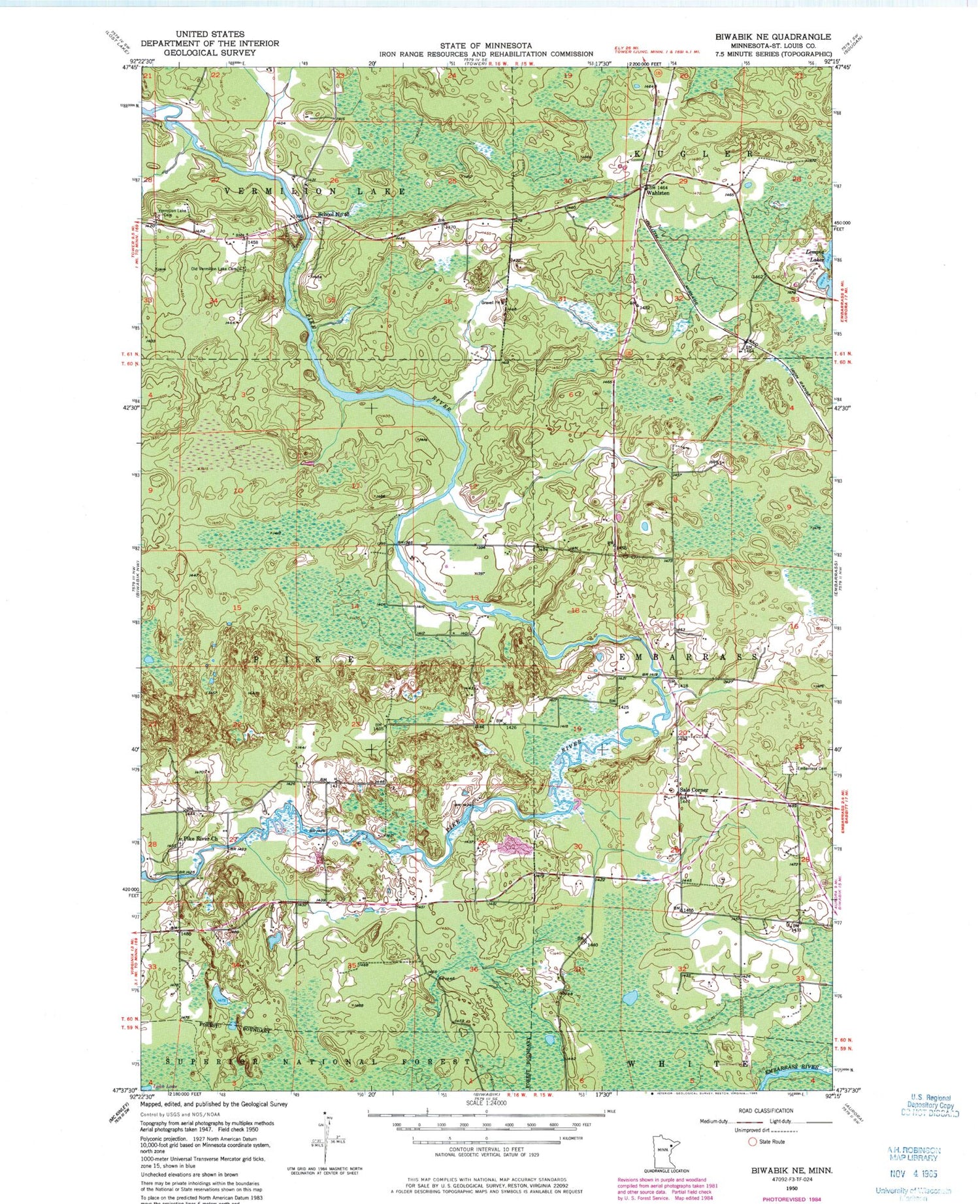 Classic USGS Biwabik NE Minnesota 7.5'x7.5' Topo Map Image