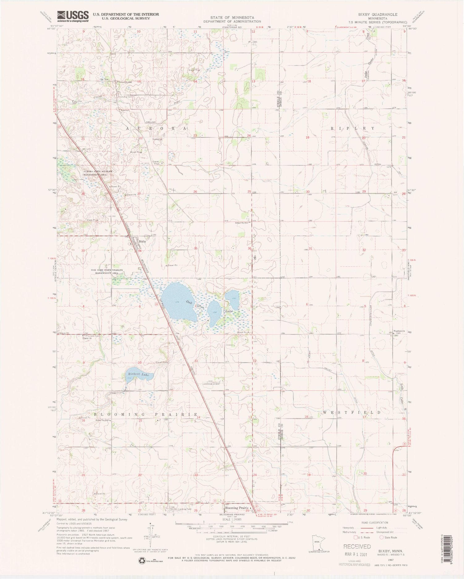 Classic USGS Bixby Minnesota 7.5'x7.5' Topo Map Image