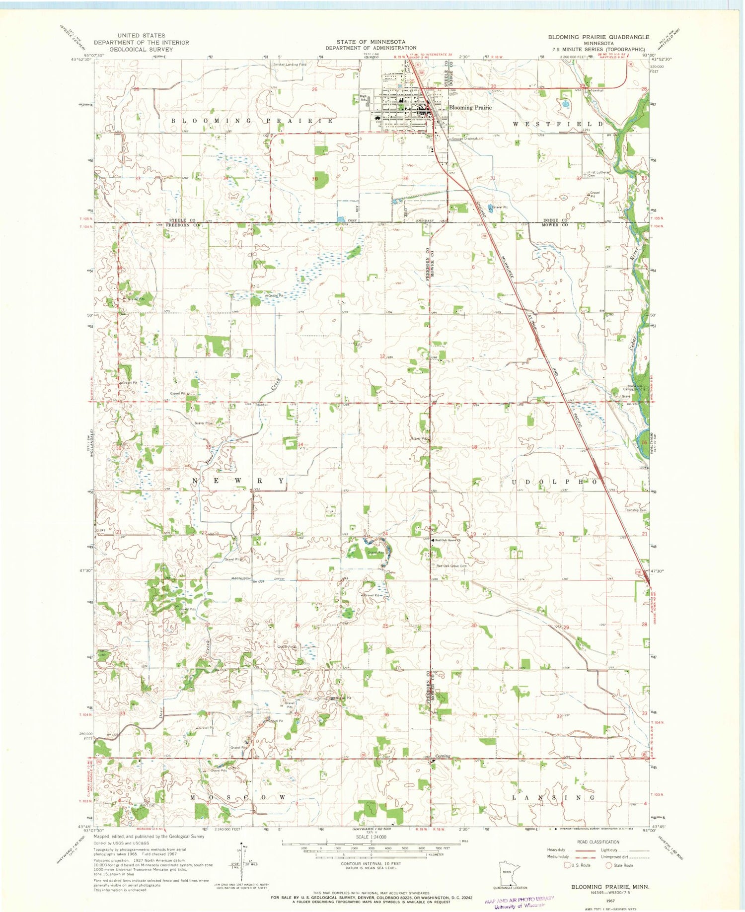 Classic USGS Blooming Prairie Minnesota 7.5'x7.5' Topo Map Image