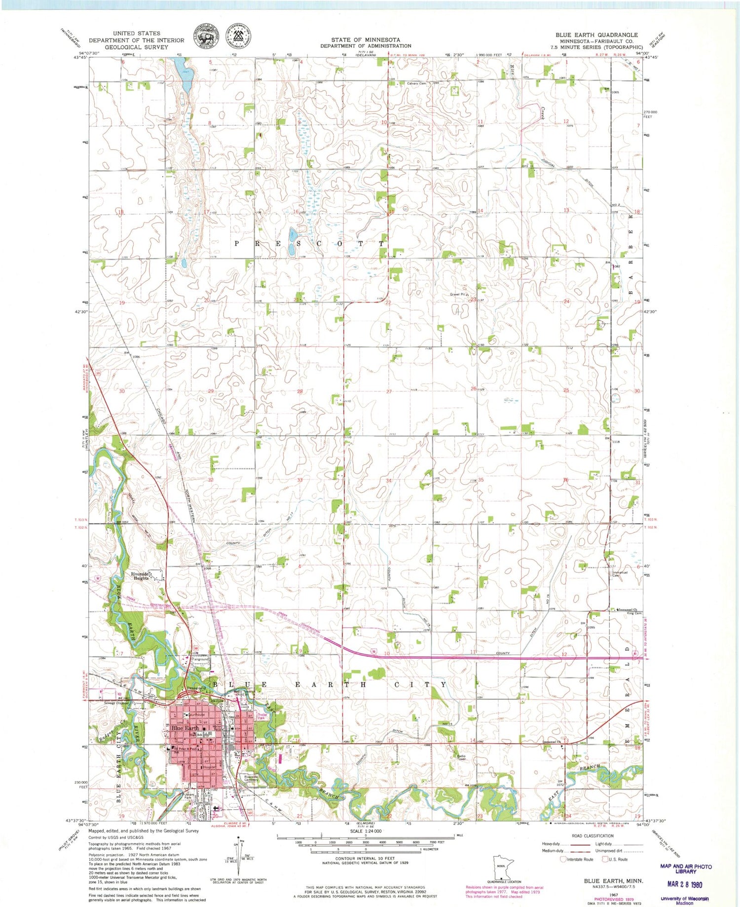 Classic USGS Blue Earth Minnesota 7.5'x7.5' Topo Map Image