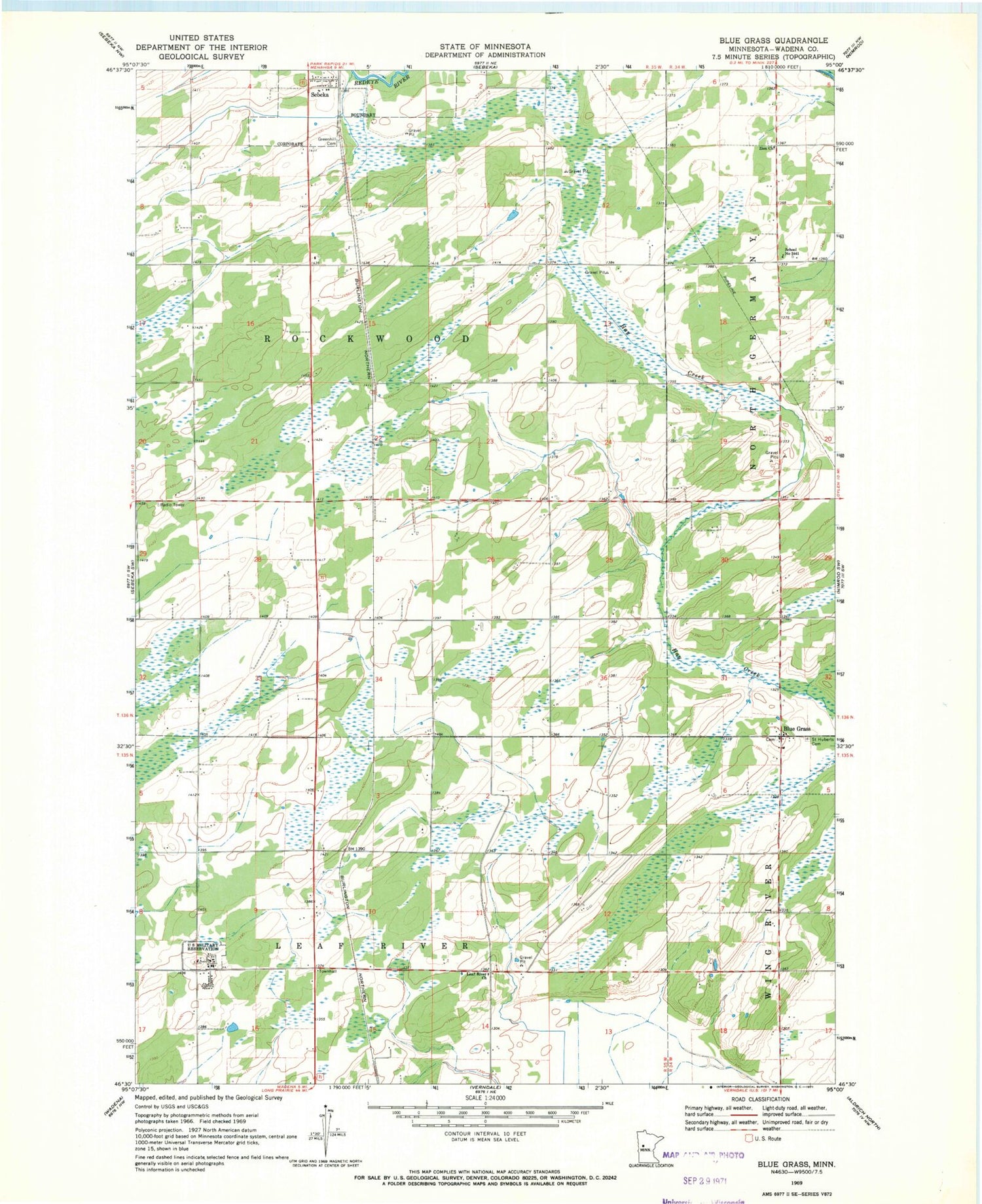Classic USGS Blue Grass Minnesota 7.5'x7.5' Topo Map Image